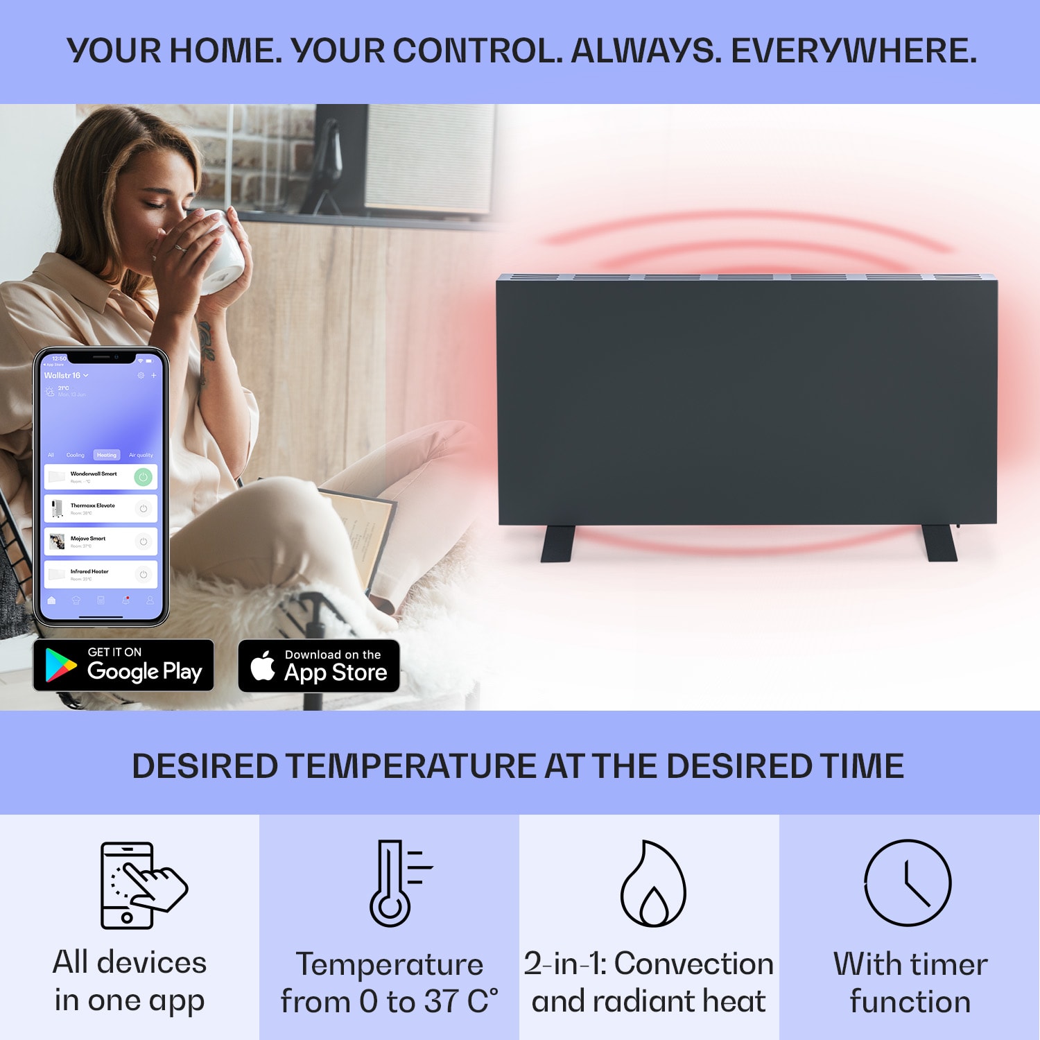 Klarstein Taal Smart, hybridný infračervený ohrievač, 105 x 56 cm, 750 W, týždenný časovač, IP24 – Obrázok 3