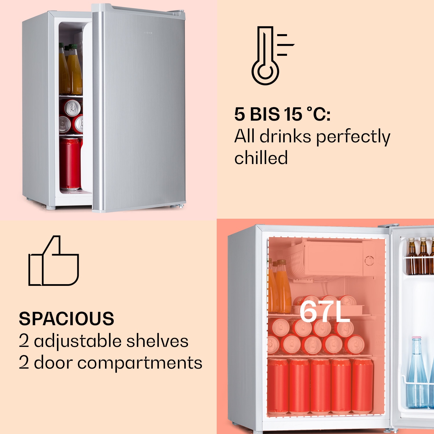 Klarstein Fargo 67, minibar, chladnička 67 l, mraznička 4 l, kompaktná – Obrázok 4