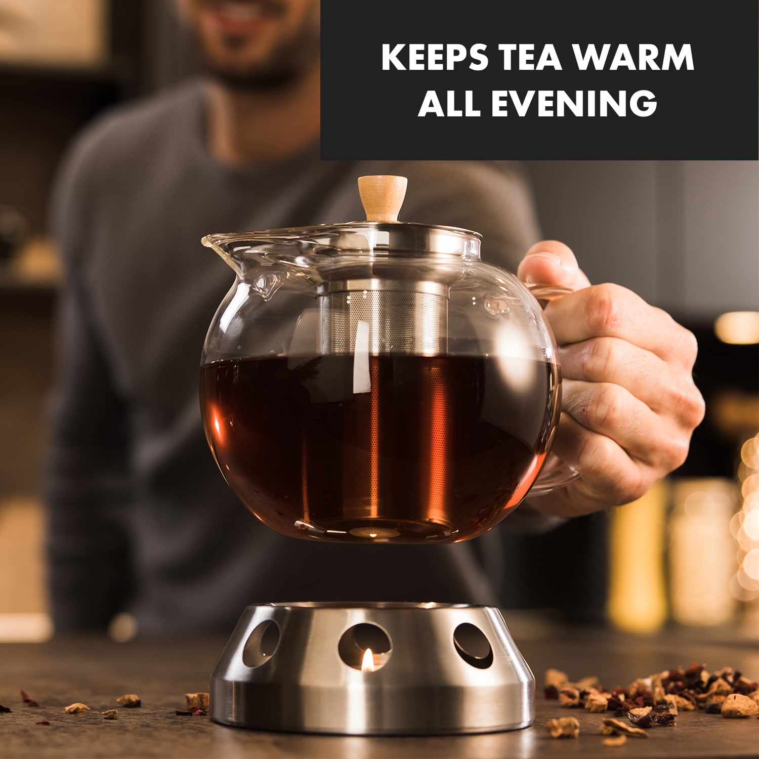 Klarstein Sencha, dizajnová kanvica na čaj, s ohrievačom, 1,3 l, z nehrdzavejúcej ocele Hibiscus, sitko – Obrázok 2