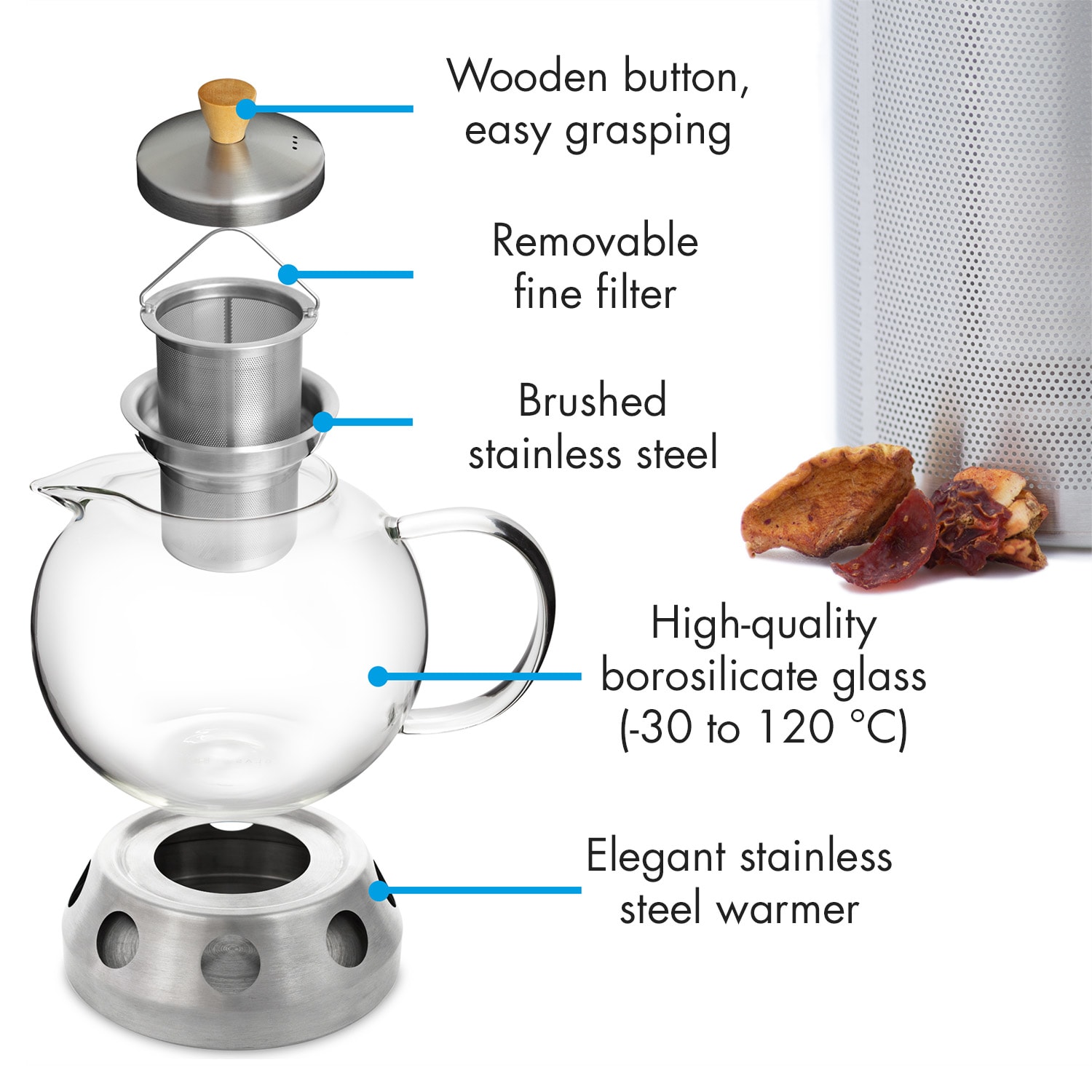 Klarstein Sencha, dizajnová kanvica na čaj, s ohrievačom, 1,3 l, z nehrdzavejúcej ocele Hibiscus, sitko – Obrázok 4