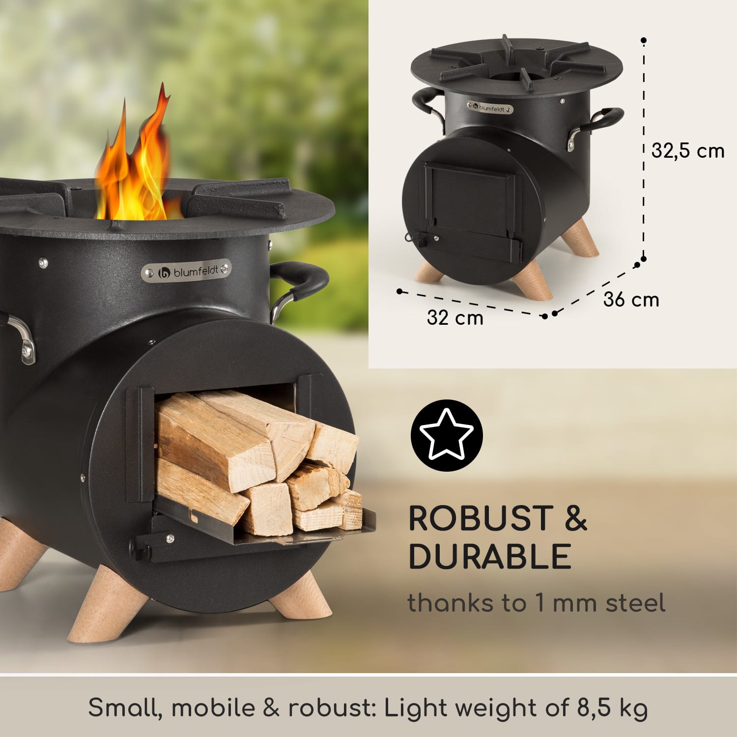 Blumfeldt Oshima Rocket Stove Camping Stove šetrný k životnému prostrediu mobilná oceľ – Obrázok 5