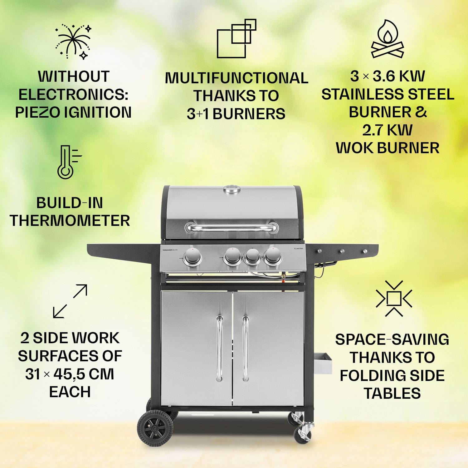 Klarstein Tomahawk 3.1 S, plynový gril, 3x3,6kW horák + 2,7 kW bočný horák, 60x45cm, gril, nehrdzavejúca oceľ – Obrázok 2