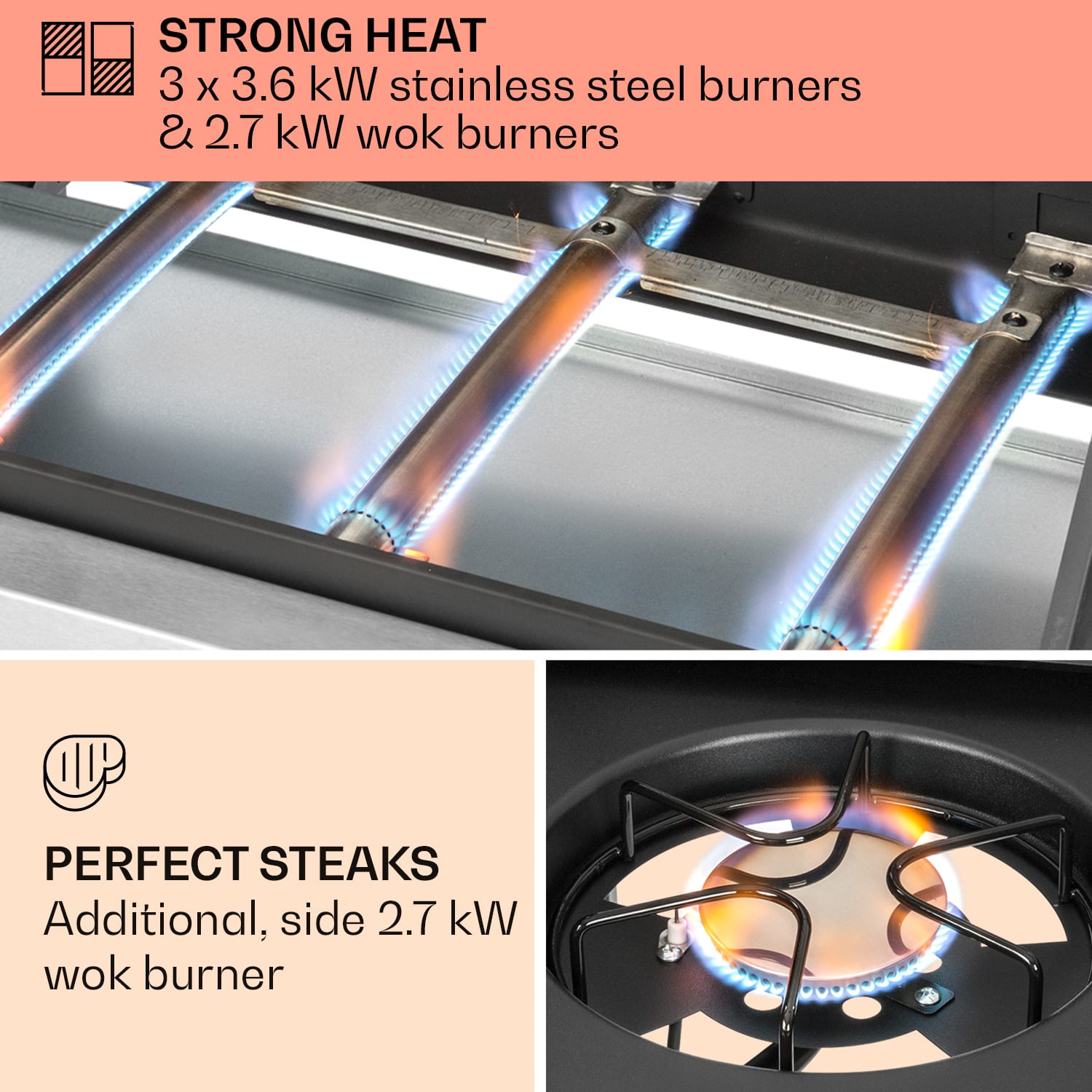 Klarstein Tomahawk 3.1 S, plynový gril, 3x3,6kW horák + 2,7 kW bočný horák, 60x45cm, gril, nehrdzavejúca oceľ – Obrázok 3