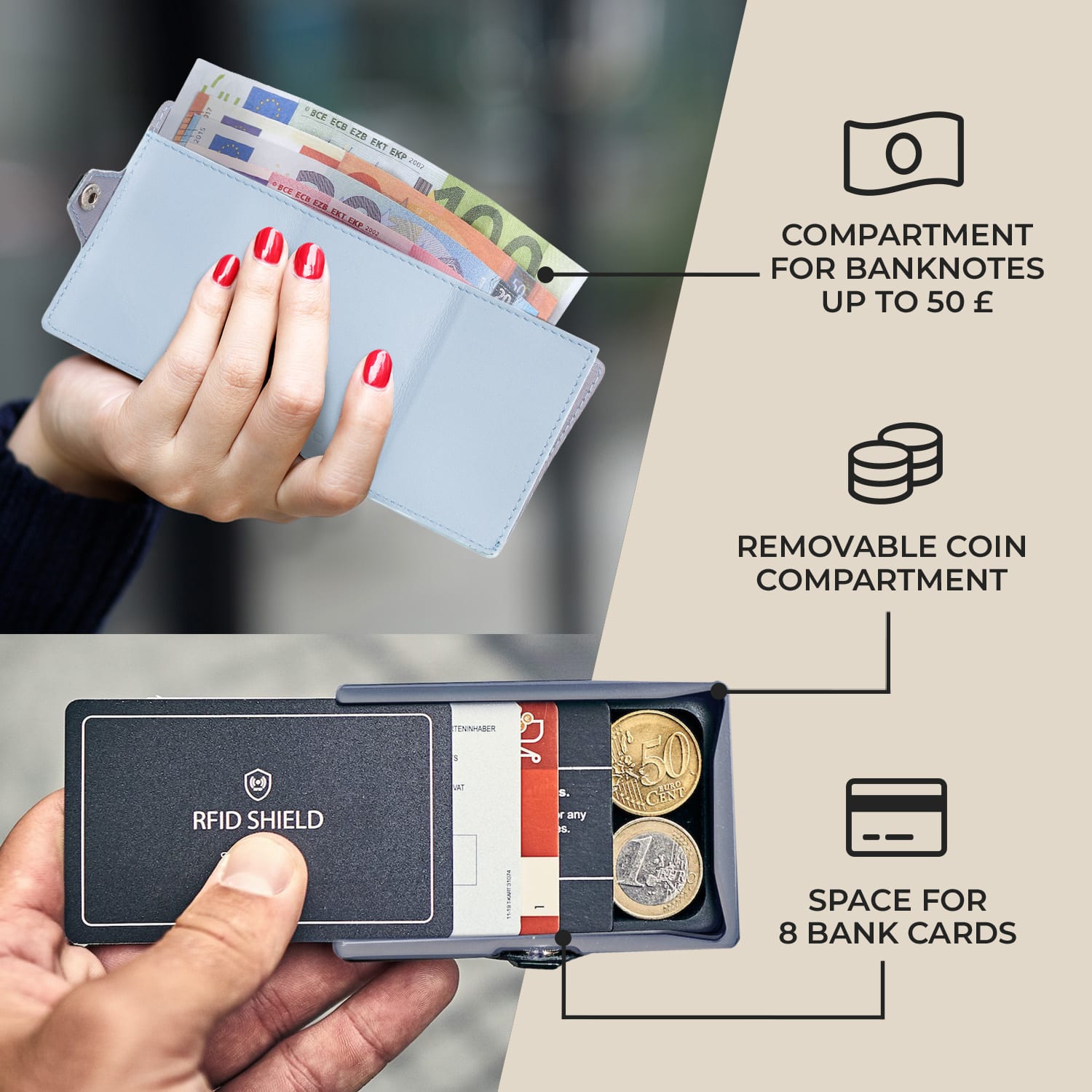 Slimpuro ZNAP Slim Wallet, 8 kariet, priehradka na mince, 8,9 x 1,5 x 6,3 cm (Š x V x H), ochrana RFID – Obrázok 2