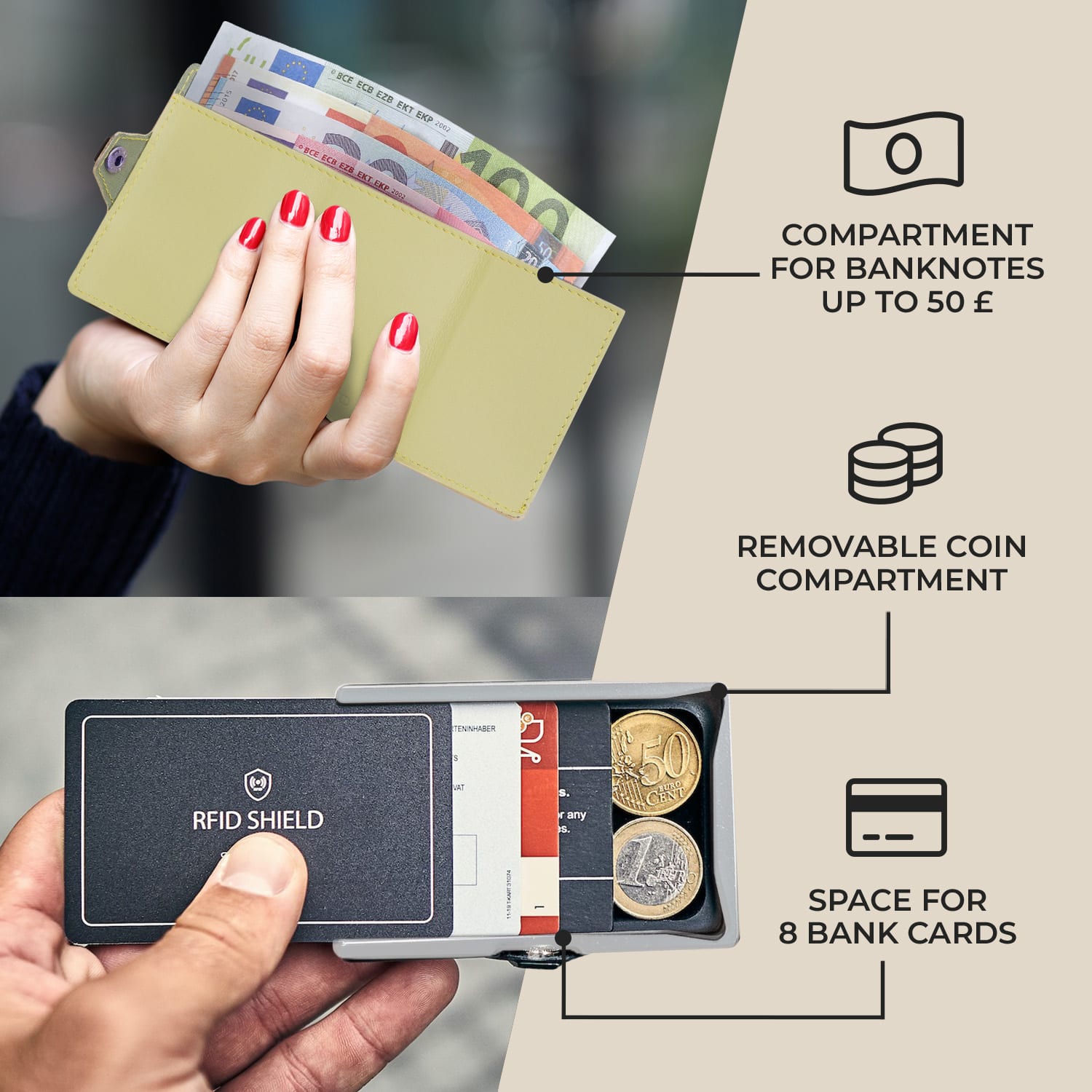 Slimpuro ZNAP Slim Wallet, 8 kariet, priehradka na mince, 8,9 x 1,5 x 6,3 cm (Š x V x H), ochrana RFID – Obrázok 2