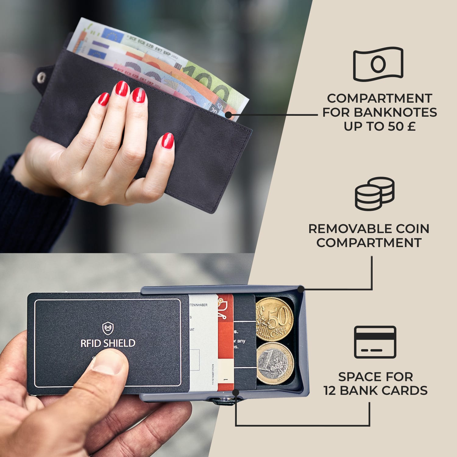 Slimpuro ZNAP Slim Wallet, 12 kariet, priehradka na mince, 8,9 x 1,8 x 6,3 cm (Š x V x H), ochrana RFID – Obrázok 2