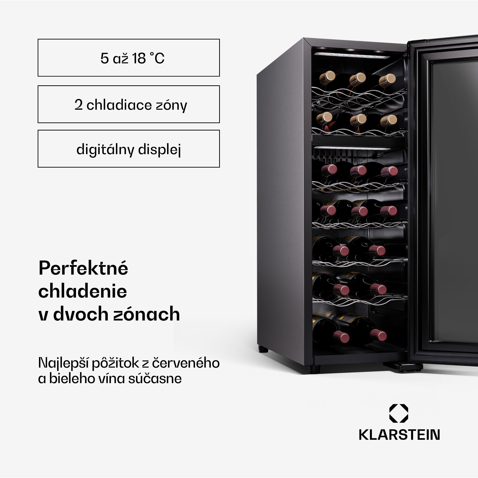 Klarstein Shiraz 18 Duo, chladnička na víno, 2 zóny, 53 l/18 fliaš, 5-18 / 5-18 °C, dotykové ovládanie – Obrázok 3