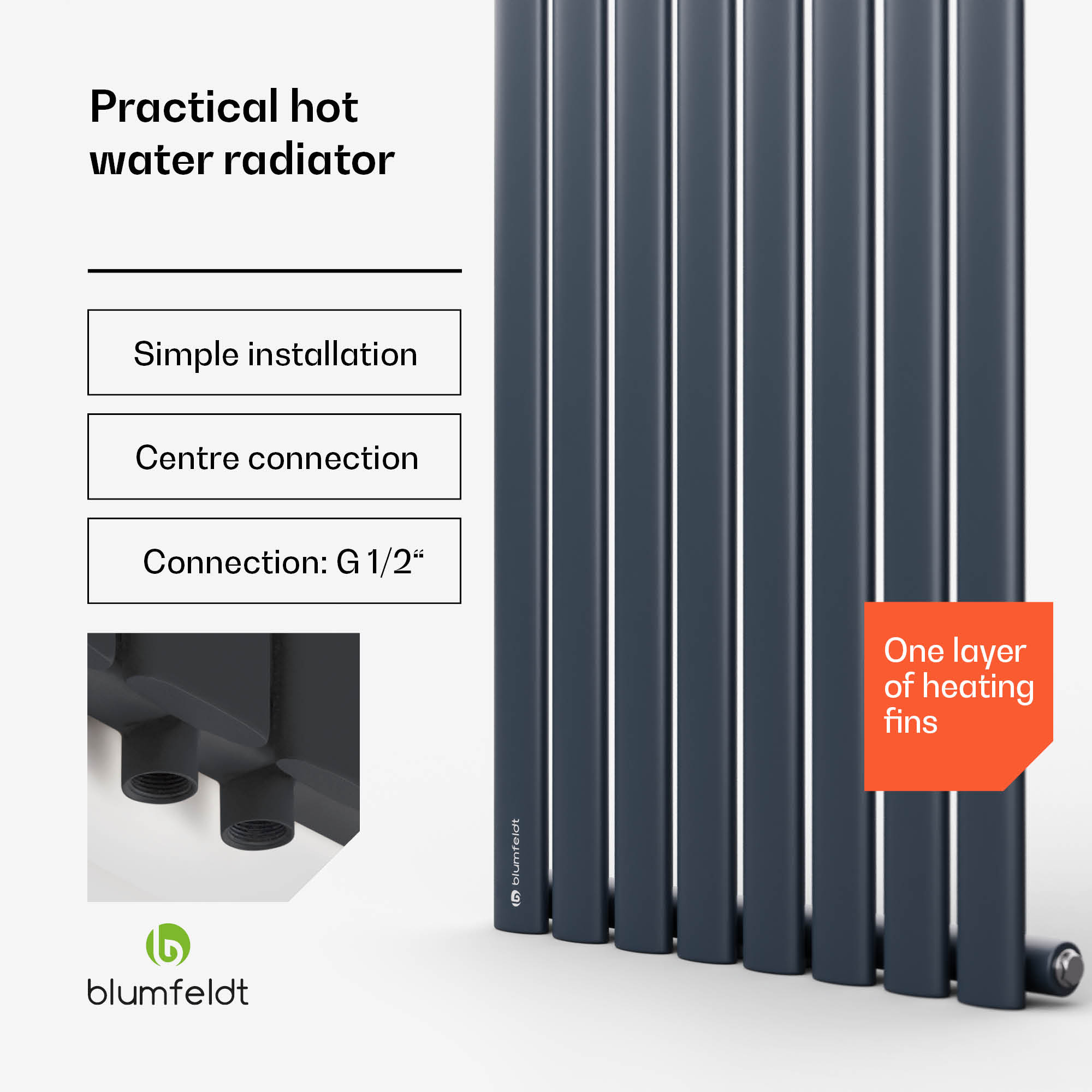 Blumfeldt Tallheo, 47 x 160, radiátor, rúrkový radiátor, 728 W, teplá voda, 1/2 – Obrázok 3