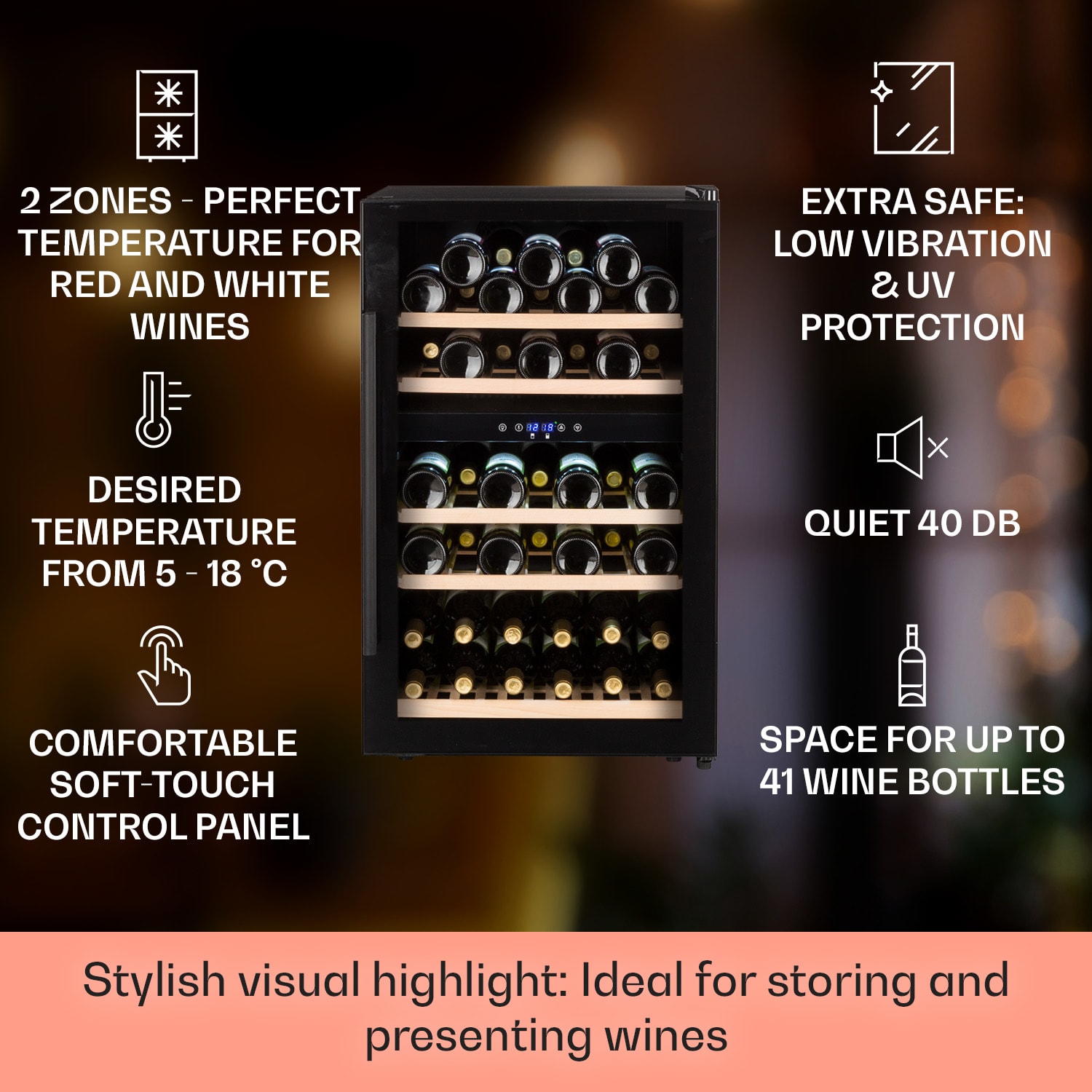 Klarstein Barossa 40D, vinotéka, 135 l, 2 zóny, 41 fliaš, sklenené dvere, dotyková – Obrázok 2