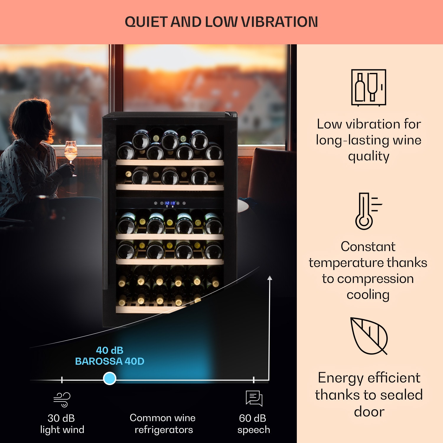 Klarstein Barossa 40D, vinotéka, 135 l, 2 zóny, 41 fliaš, sklenené dvere, dotyková – Obrázok 4