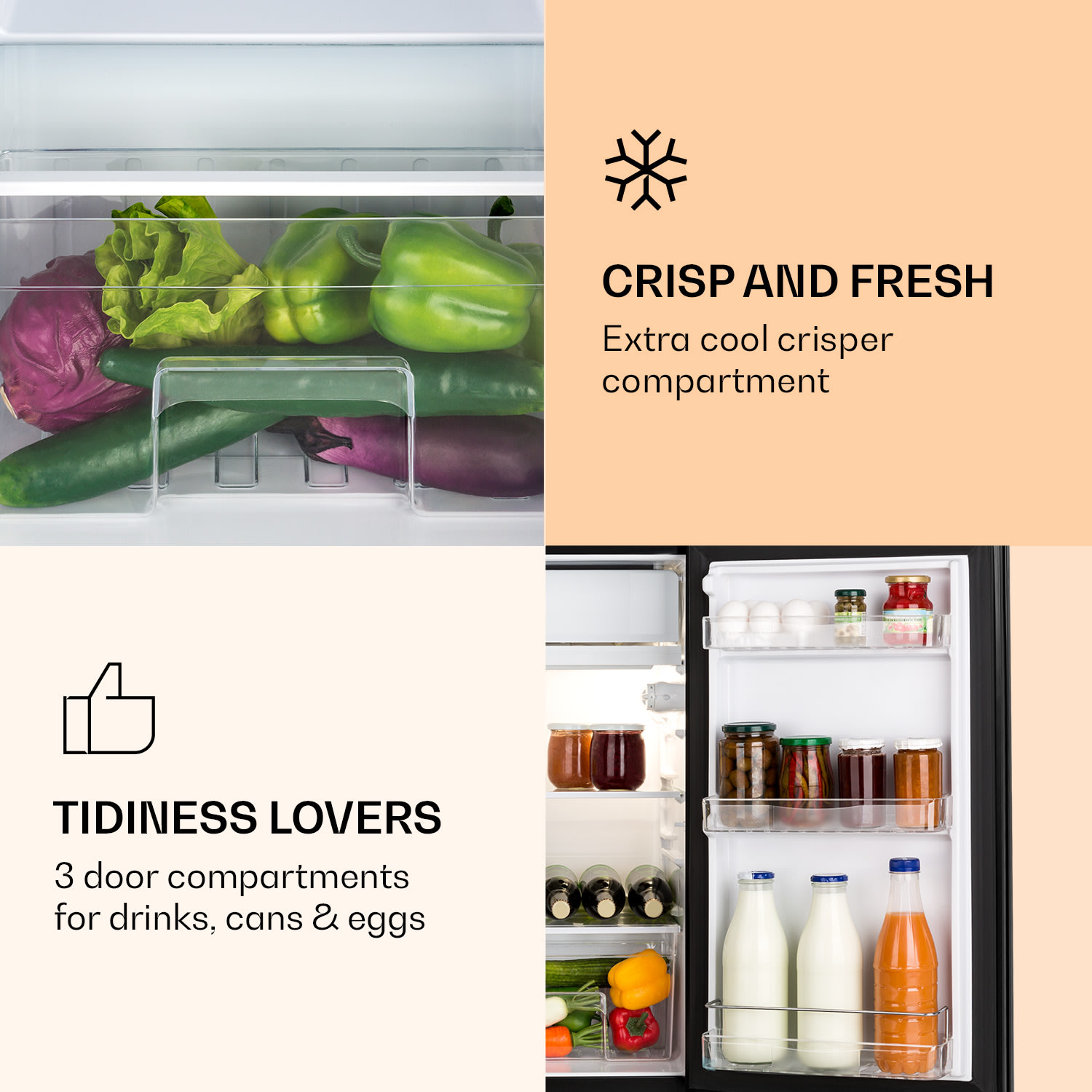 Klarstein Luminance Frost, chladnička, 91 l, energet. trieda F, priečinok na zeleninu, 2 sklenené police, čierna – Obrázok 3