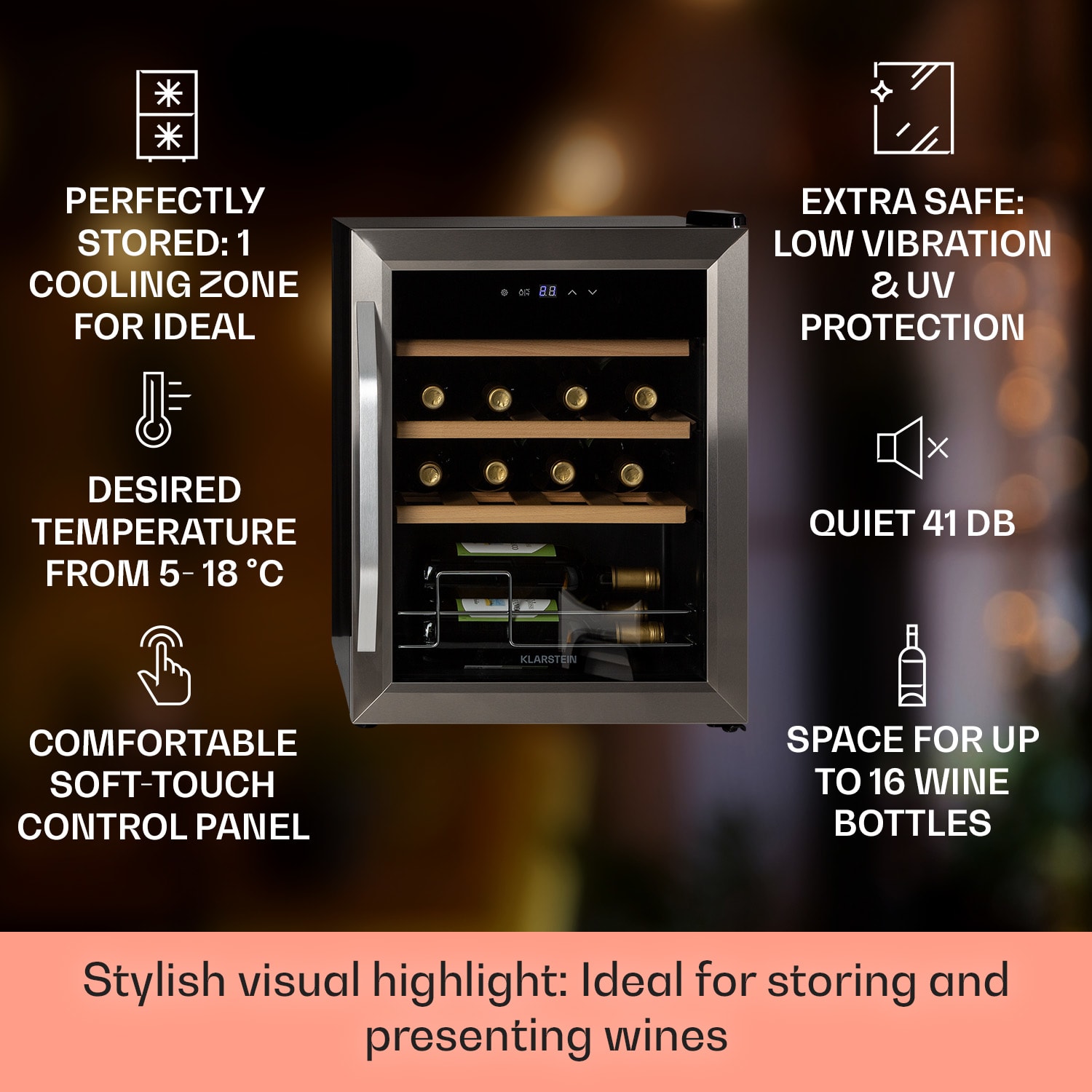 Klarstein Vinamour 16 Uno, vinotéka, 42 l, 16 fliaš, 5-18°C, 41 dB, sklo – Obrázok 2
