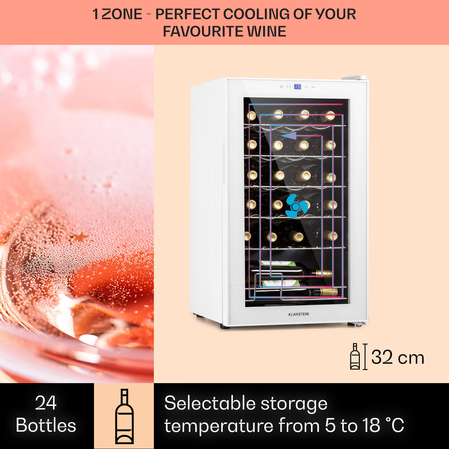 Klarstein Shiraz 24 Uno, vinotéka, 63 l, 24 fliaš, 5-18°C, dotykový ovládací panel – Obrázok 2