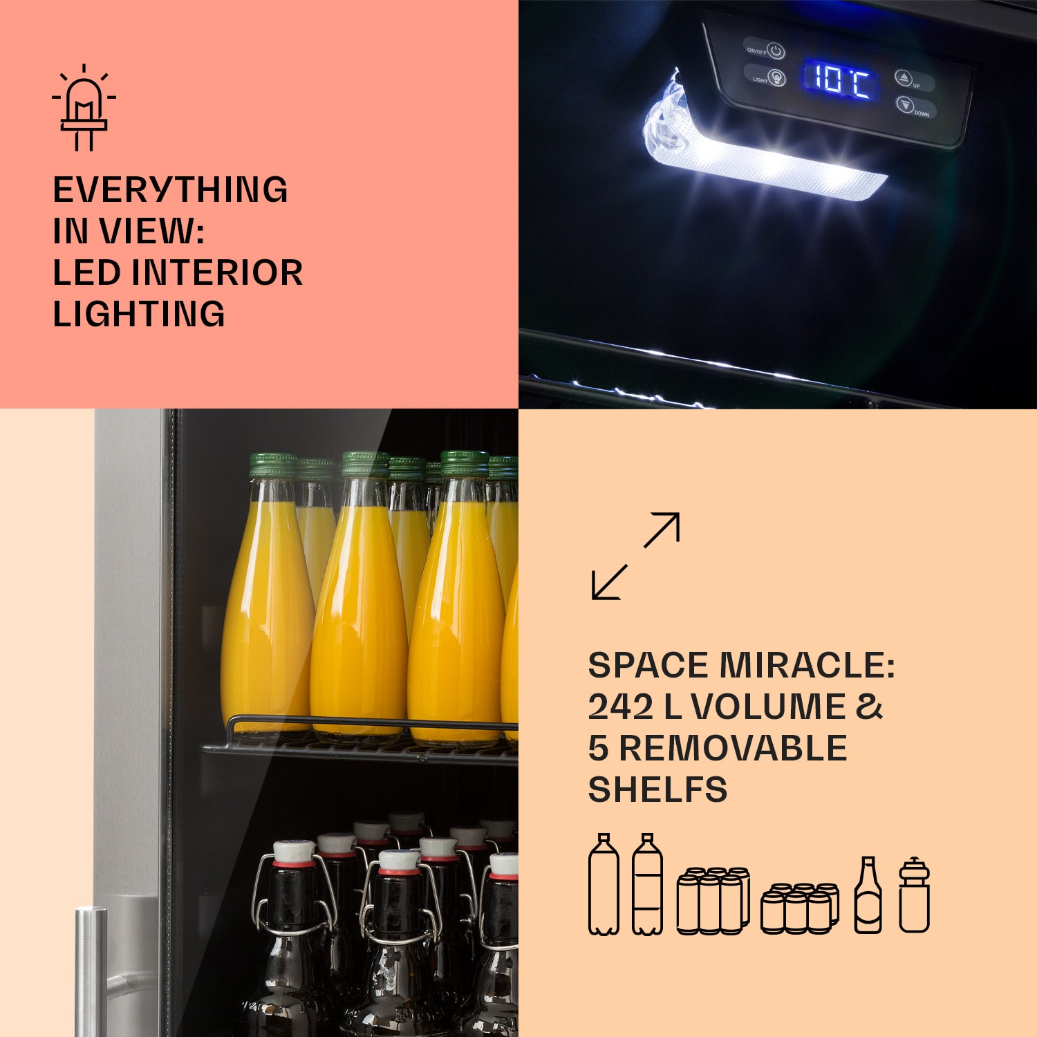 Klarstein Beersafe 7XL, chladnička, 242 l, 5 políc, panoramatické sklenené dvere, nehrdzavejúca oceľ – Obrázok 3