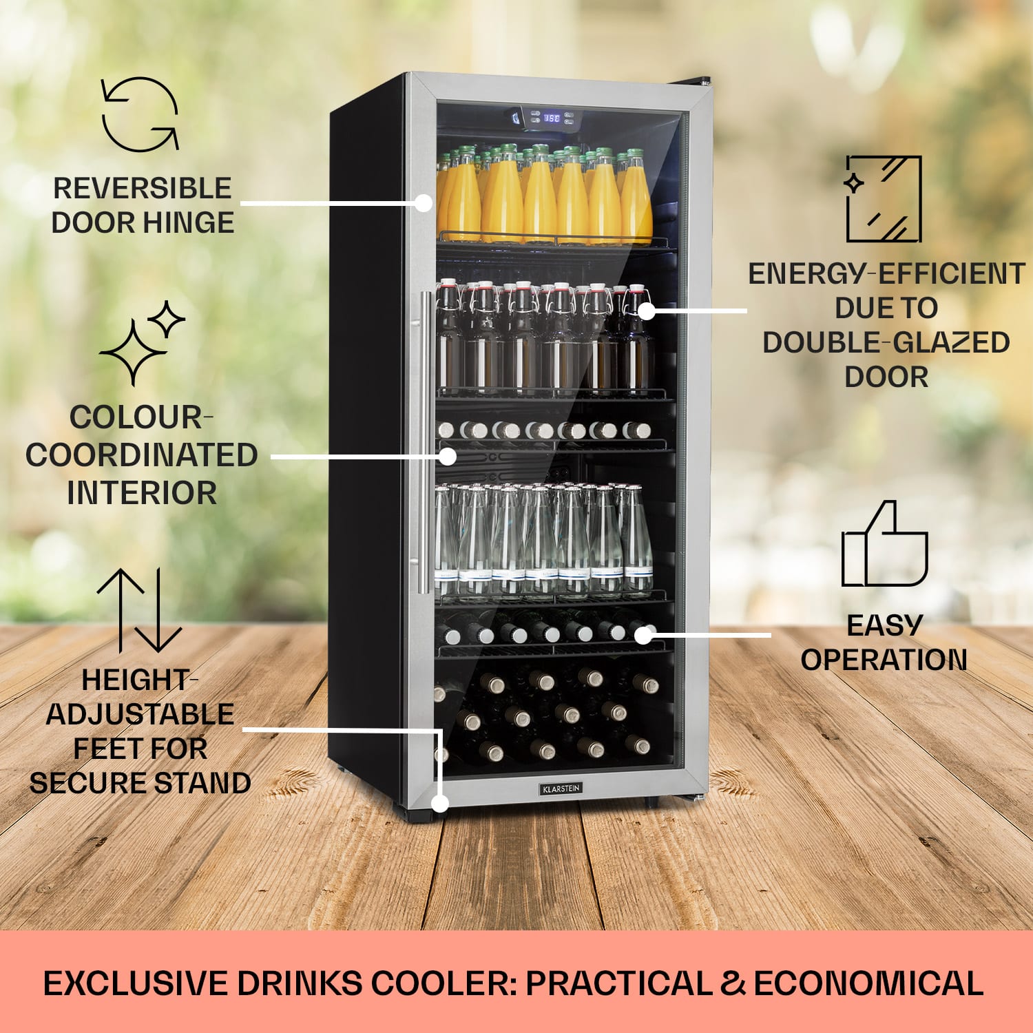 Klarstein Beersafe 7XL, chladnička, 242 l, 5 políc, panoramatické sklenené dvere, nehrdzavejúca oceľ – Obrázok 4