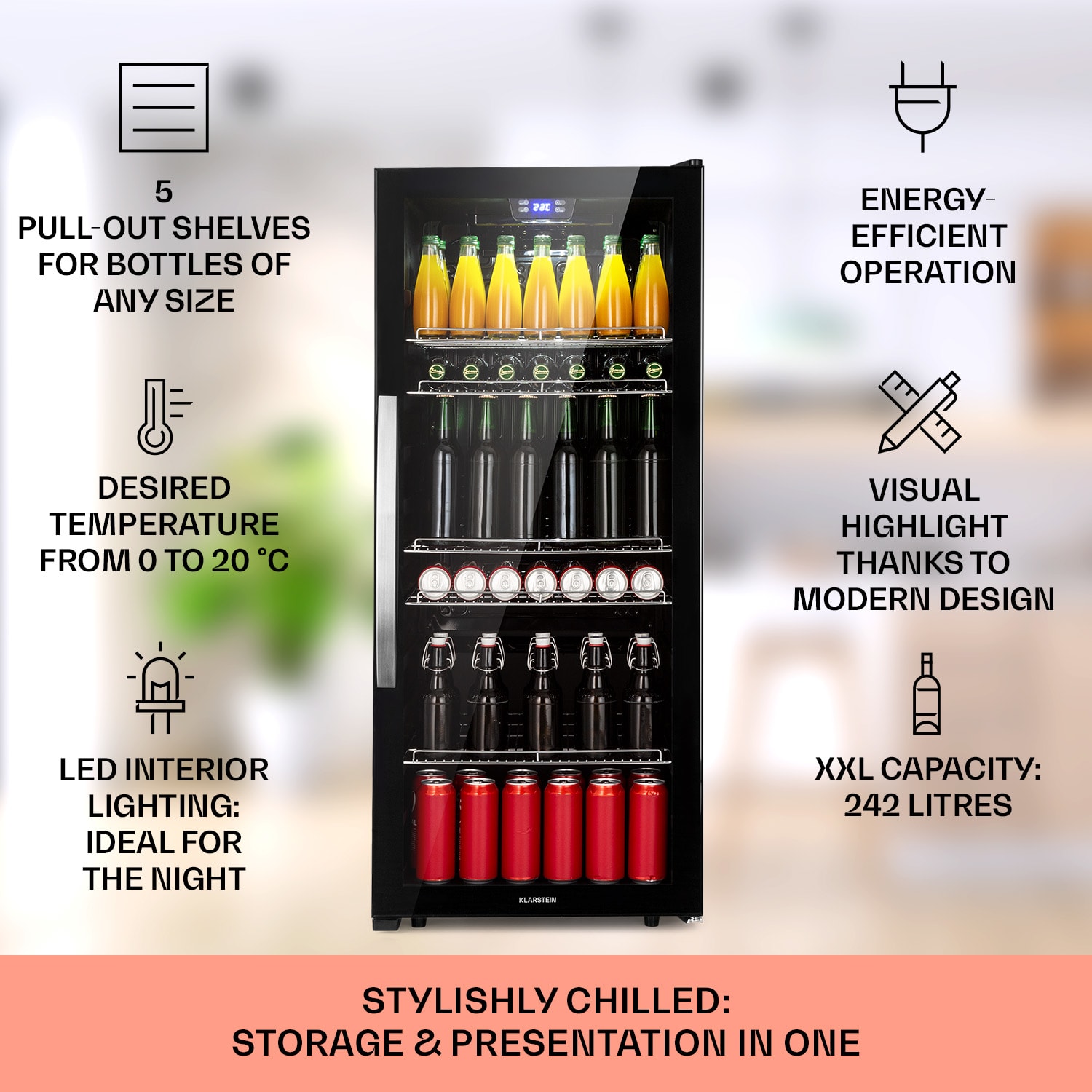 Klarstein Beersafe 7XL, chladnička, 242 l, 5 políc, panoramatické sklenené dvere, nehrdzavejúca oceľ – Obrázok 2