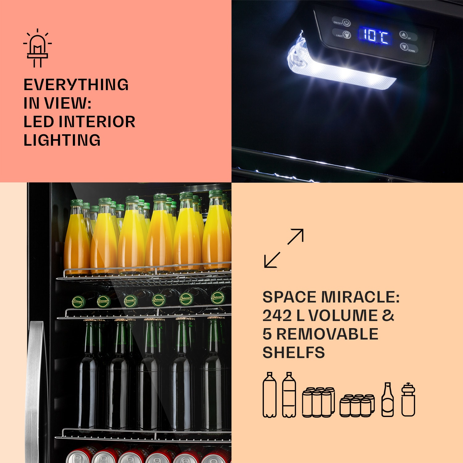 Klarstein Beersafe 7XL, chladnička, 242 l, 5 políc, panoramatické sklenené dvere, nehrdzavejúca oceľ – Obrázok 3