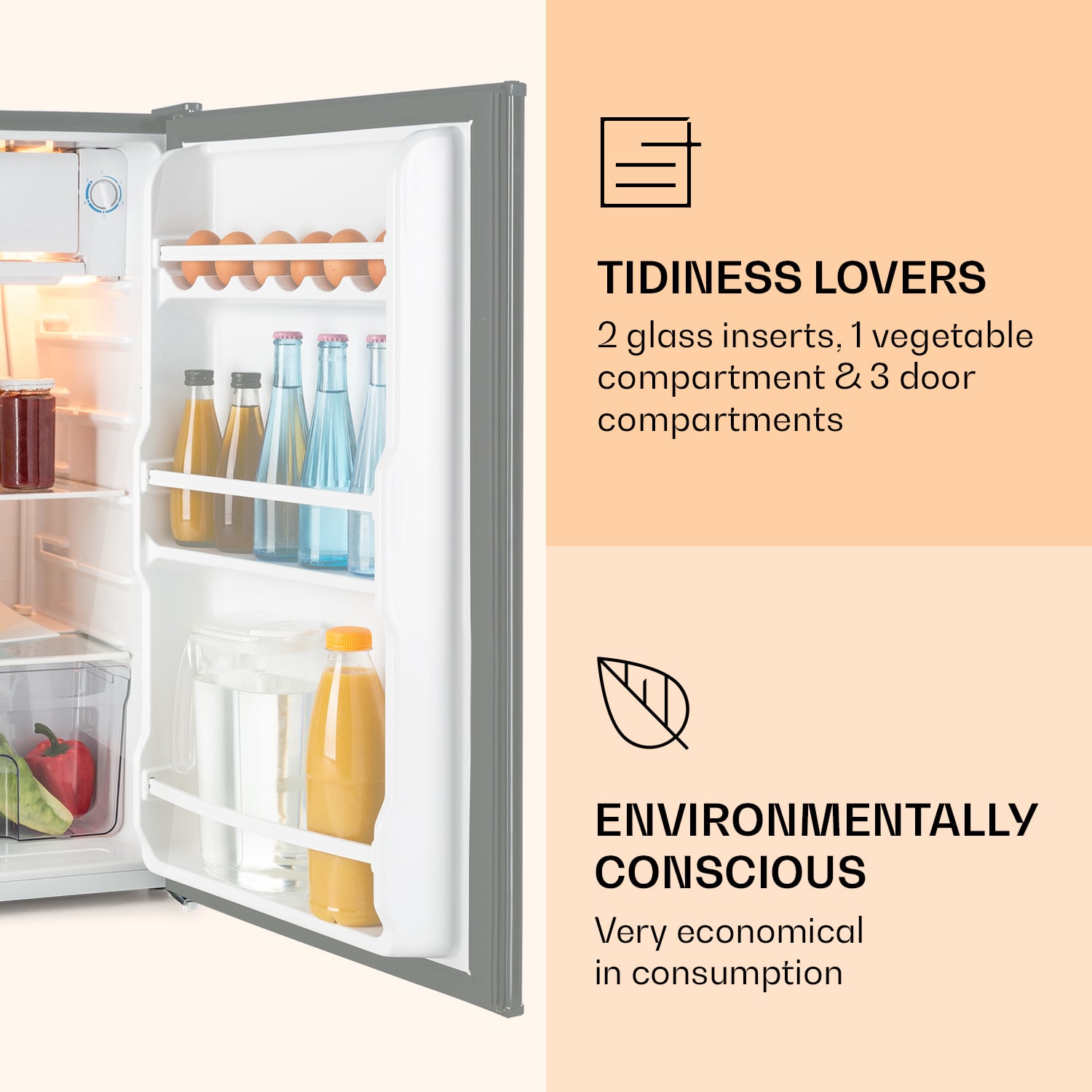 Klarstein Alleinversorger, chladnička, 91 l, energet. trieda F, 2 poschodia mraziaceho priečinku, nehrdzavejúca oceľ – Obrázok 4