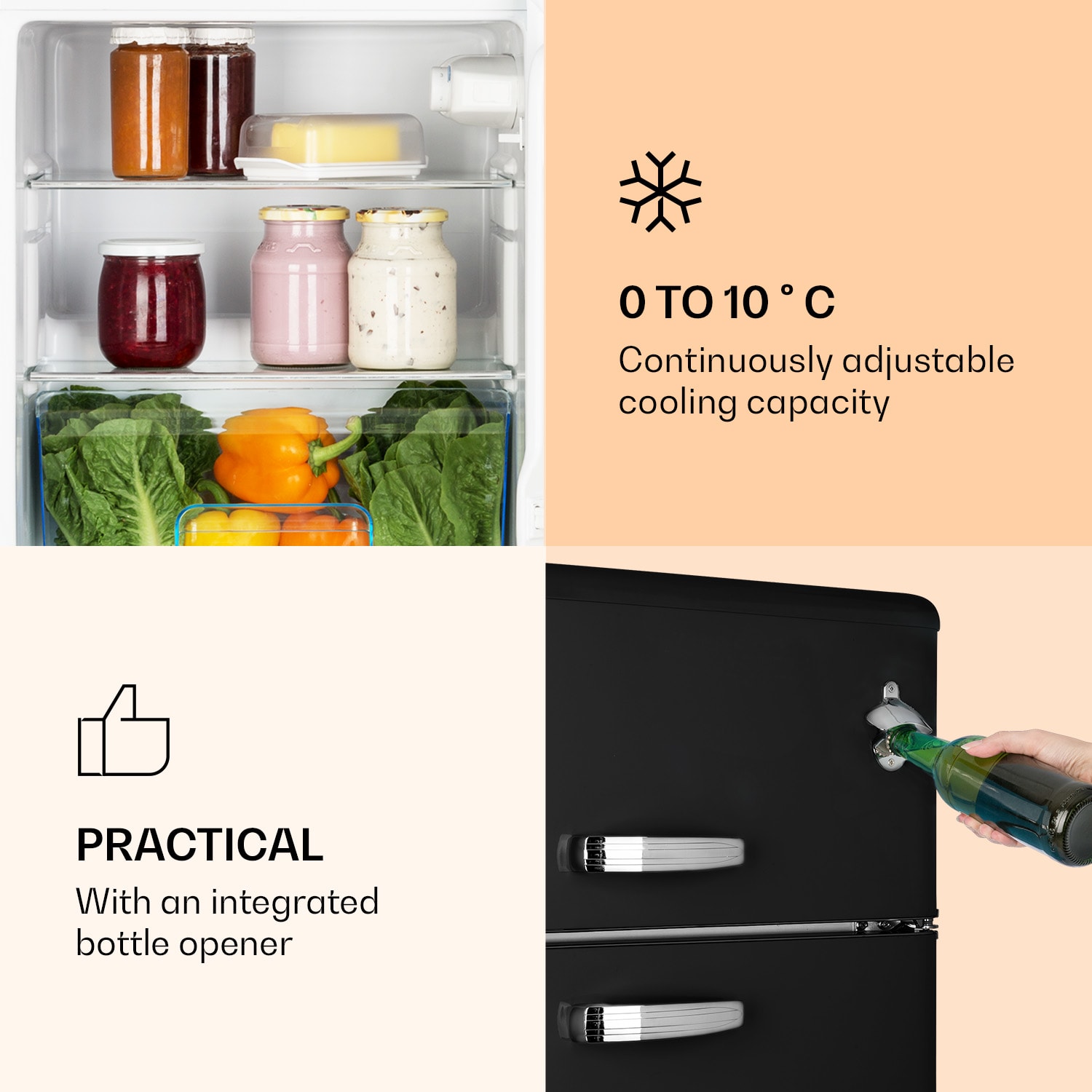 Klarstein Irene, kombinovaná chladnička, 61 l chladnička, 25 l mraznička, retro, červená – Obrázok 3