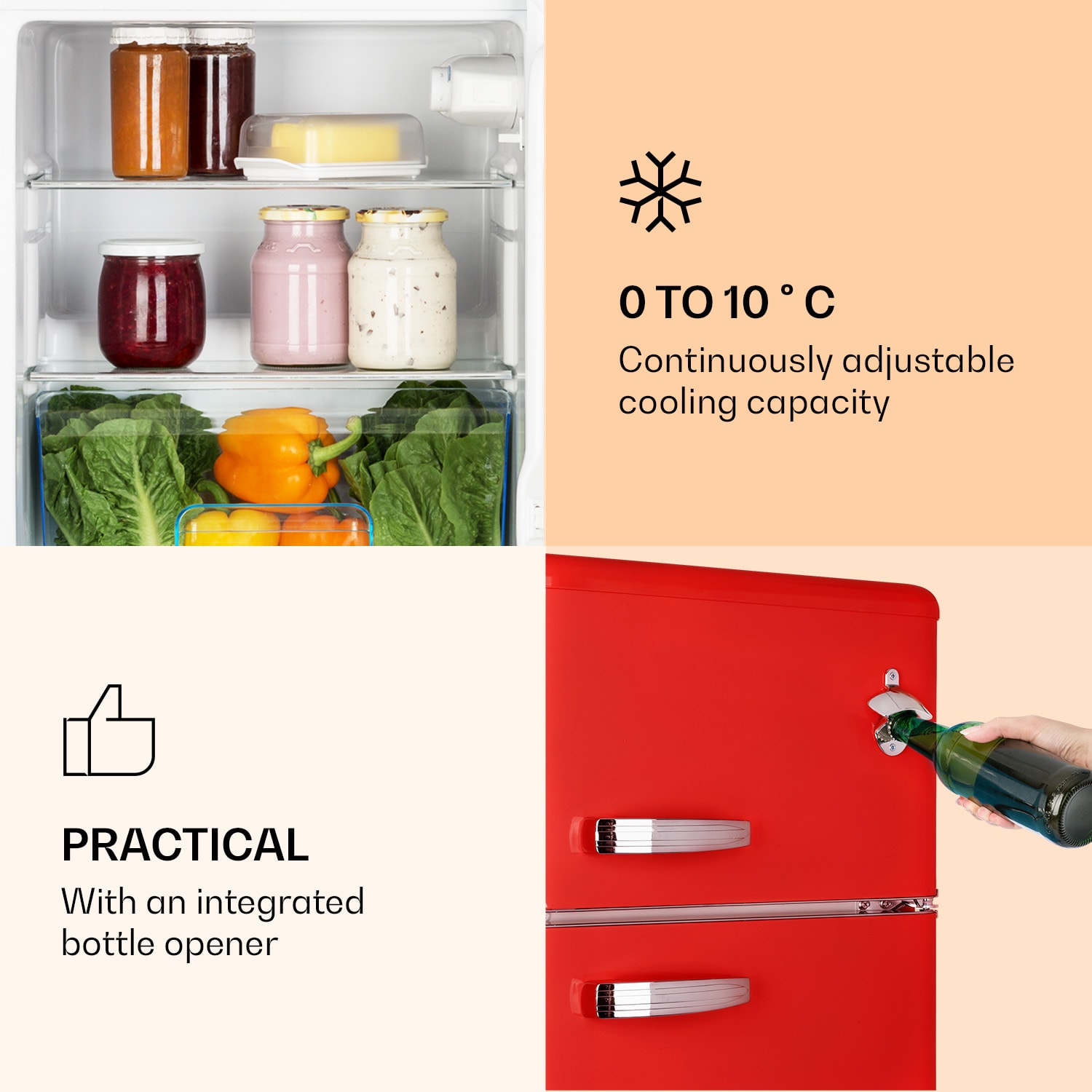 Klarstein Irene, kombinovaná retro chladnička, 61 l chladnička, 25 l mraznička, červená – Obrázok 3