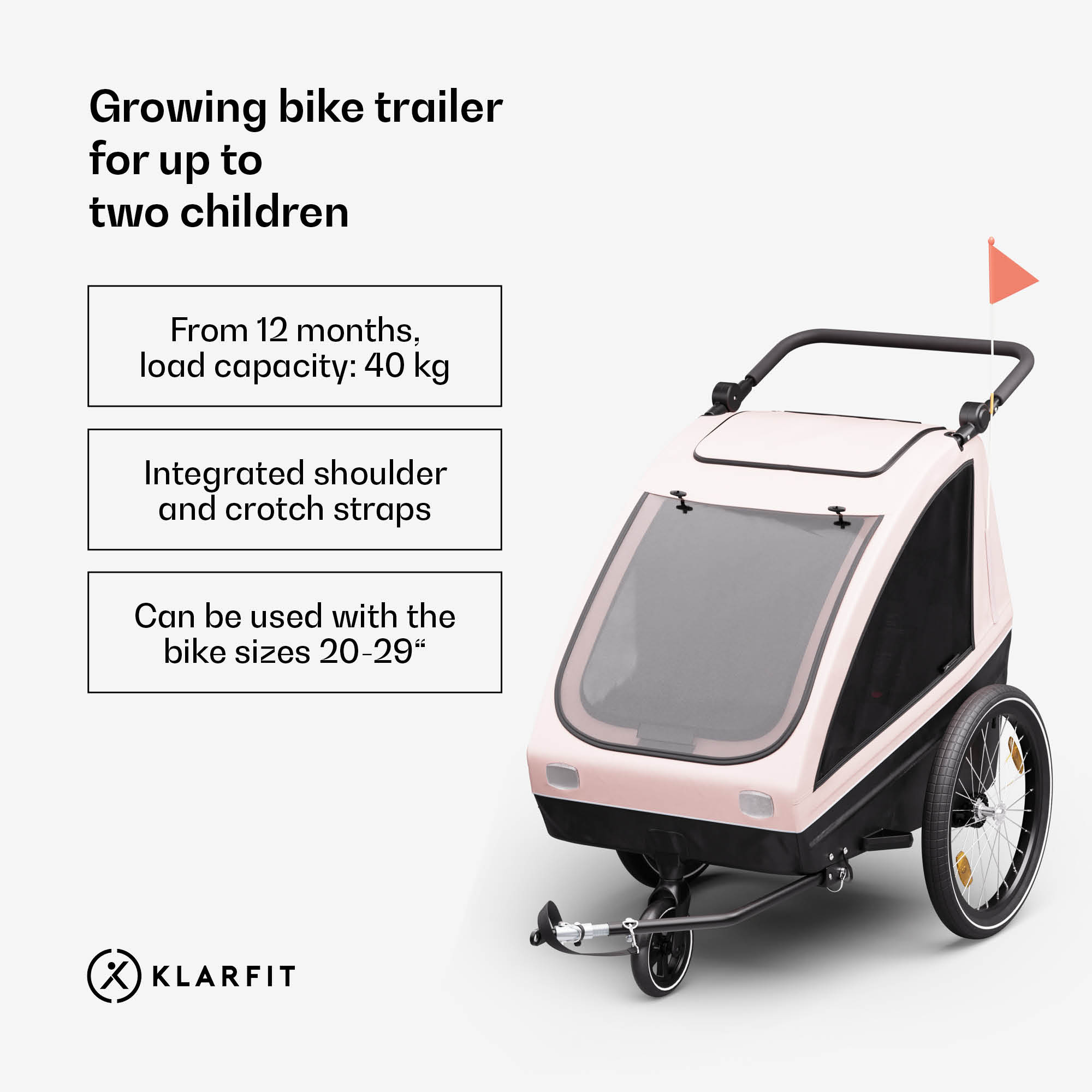 KLARFIT GoKiddo, príves na bicykel, príves/kočík, skladací, integrované brzdy, rastúci, pre 2 deti – Obrázok 2