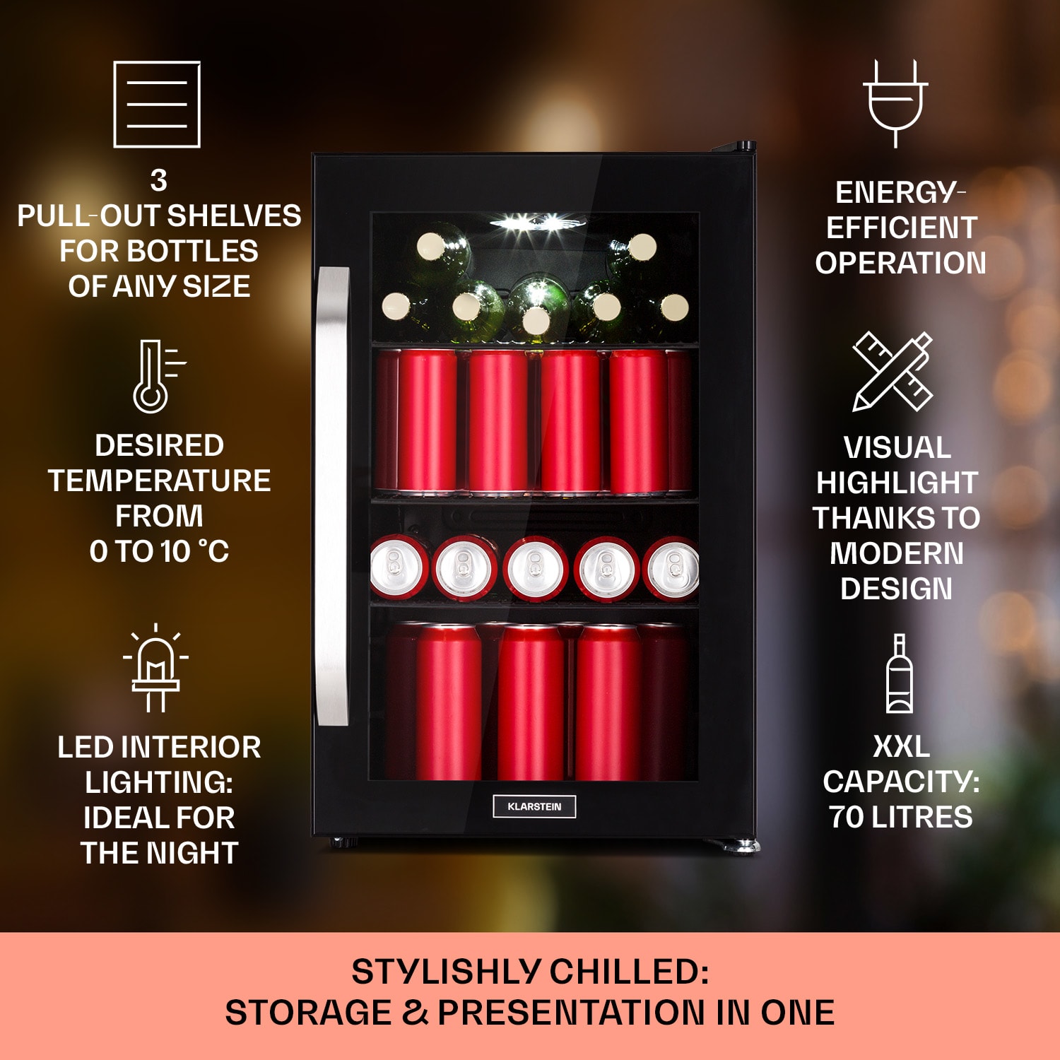 Klarstein Beersafe 70 Birra Edition, chladnička, 70 litrov, 3 police, panoramatické sklenené dvere, nehrdzavejúca oceľ – Obrázok 2