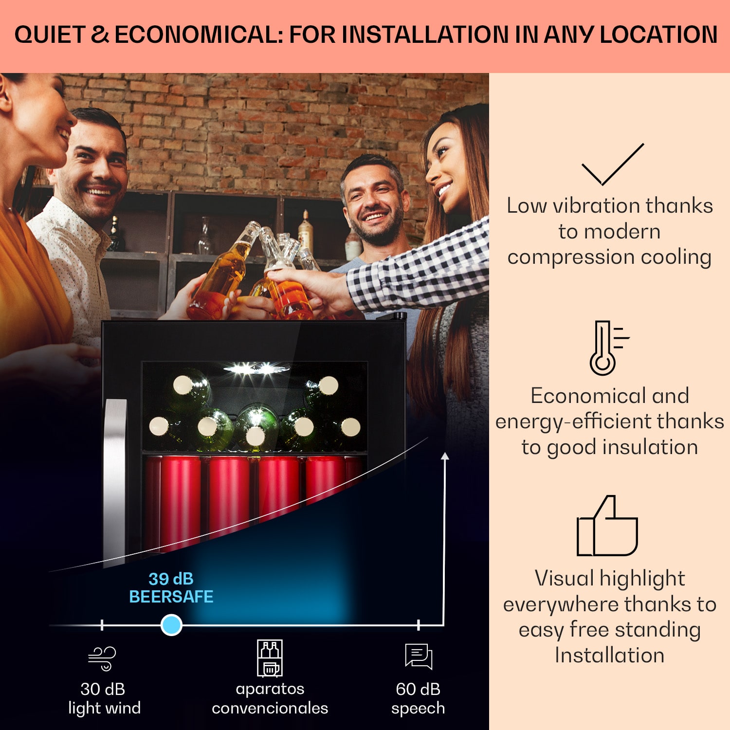 Klarstein Beersafe 70 Birra Edition, chladnička, 70 litrov, 3 police, panoramatické sklenené dvere, nehrdzavejúca oceľ – Obrázok 3