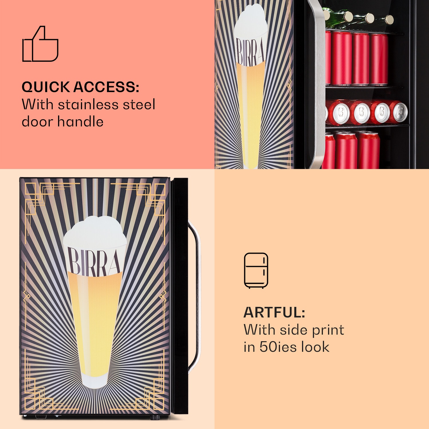 Klarstein Beersafe 70 Birra Edition, chladnička, 70 litrov, 3 police, panoramatické sklenené dvere, nehrdzavejúca oceľ – Obrázok 4