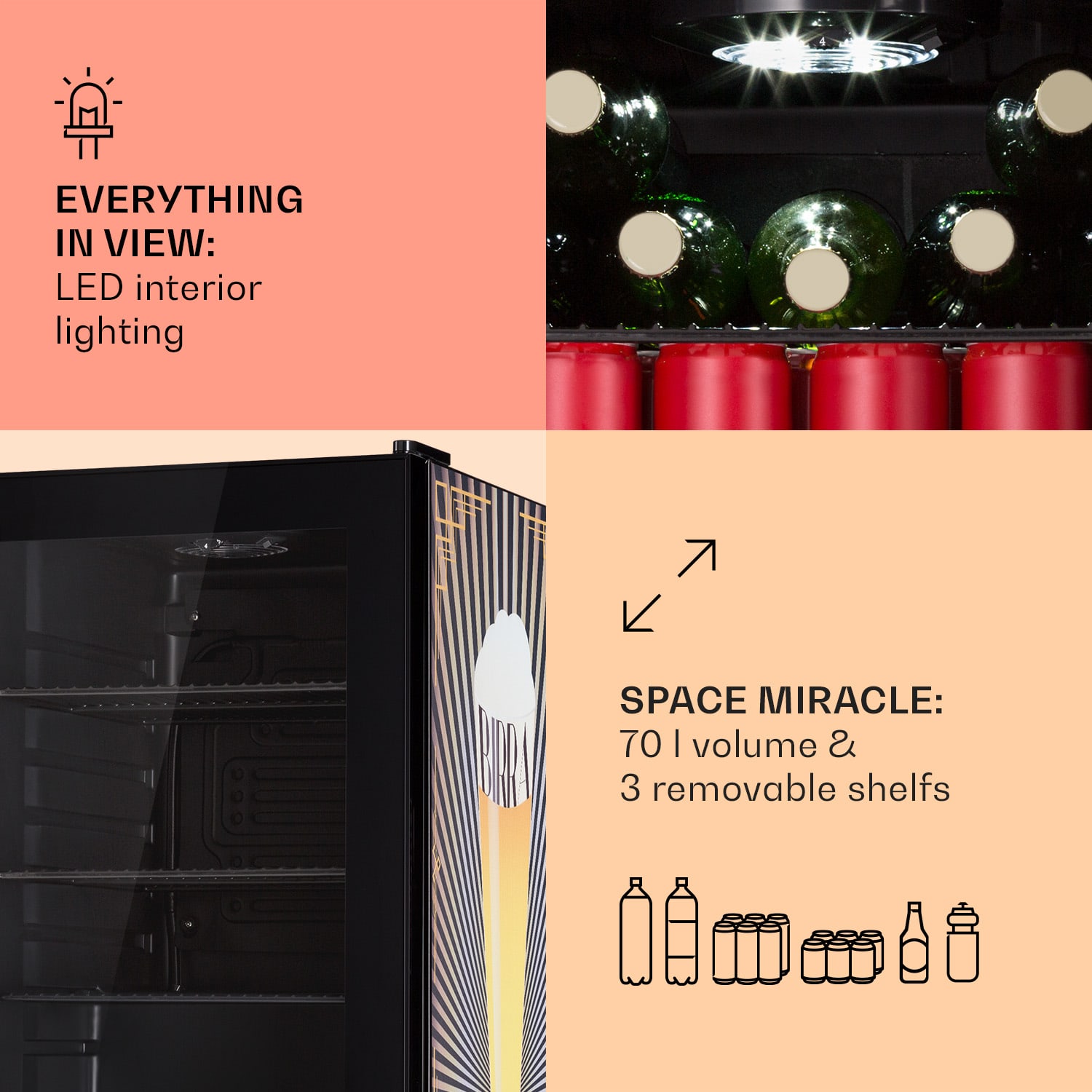 Klarstein Beersafe 70 Birra Edition, chladnička, 70 litrov, 3 police, panoramatické sklenené dvere, nehrdzavejúca oceľ – Obrázok 5