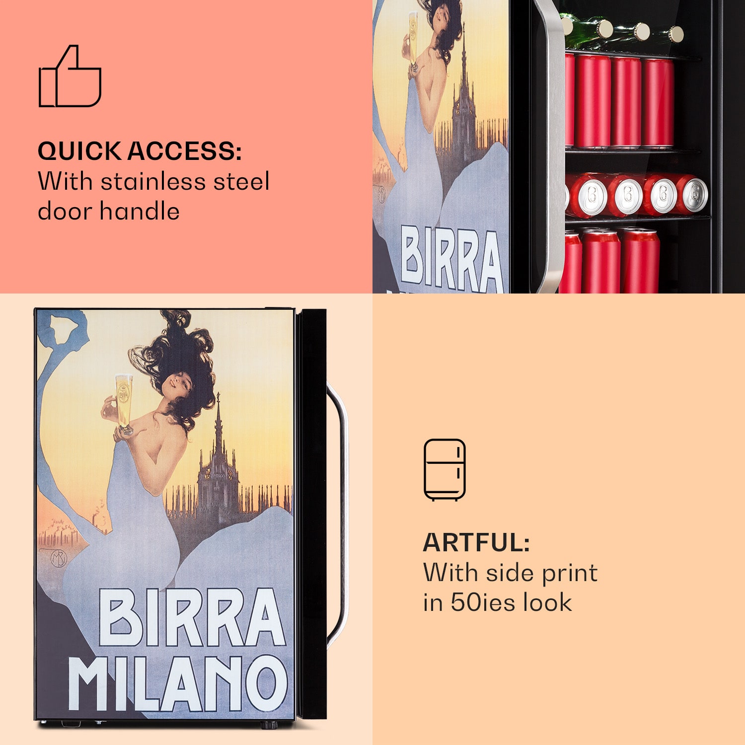 Klarstein Beersafe 70 Birra Milano Edition, chladnička, 70 litrov, 3 police, panoramatické sklenené dvere, nerezová oceľ – Obrázok 4