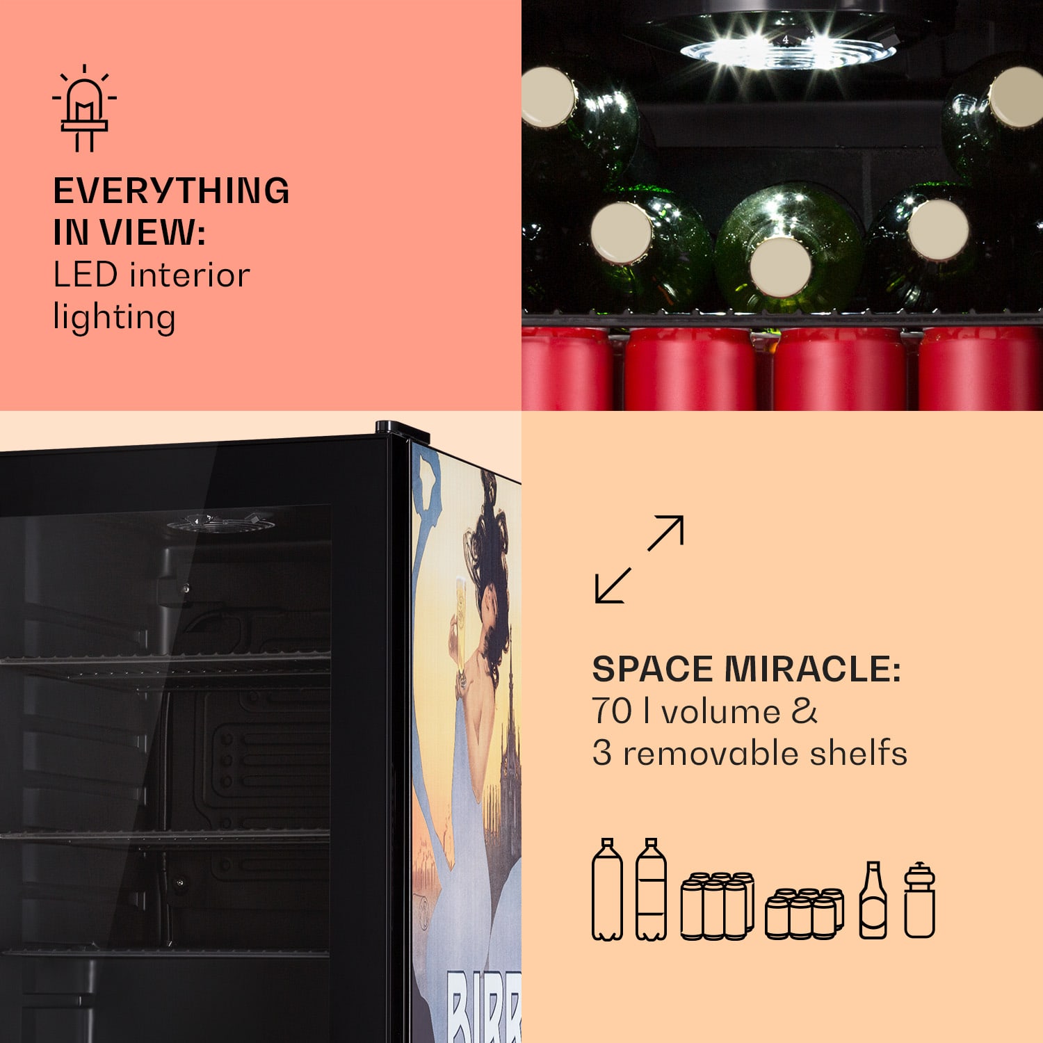 Klarstein Beersafe 70 Birra Milano Edition, chladnička, 70 litrov, 3 police, panoramatické sklenené dvere, nerezová oceľ – Obrázok 5