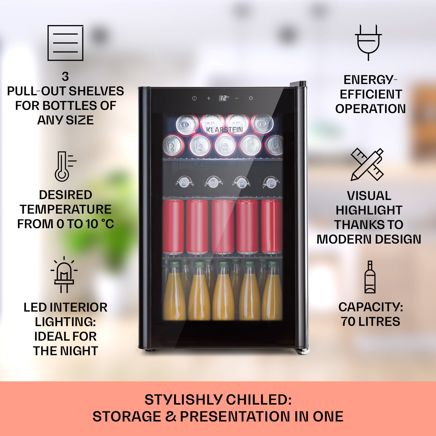 Klarstein Beercave 70, chladnička, 70 l, 3 police, trojito izolované sklenené dvere, dotyková – Obrázok 2