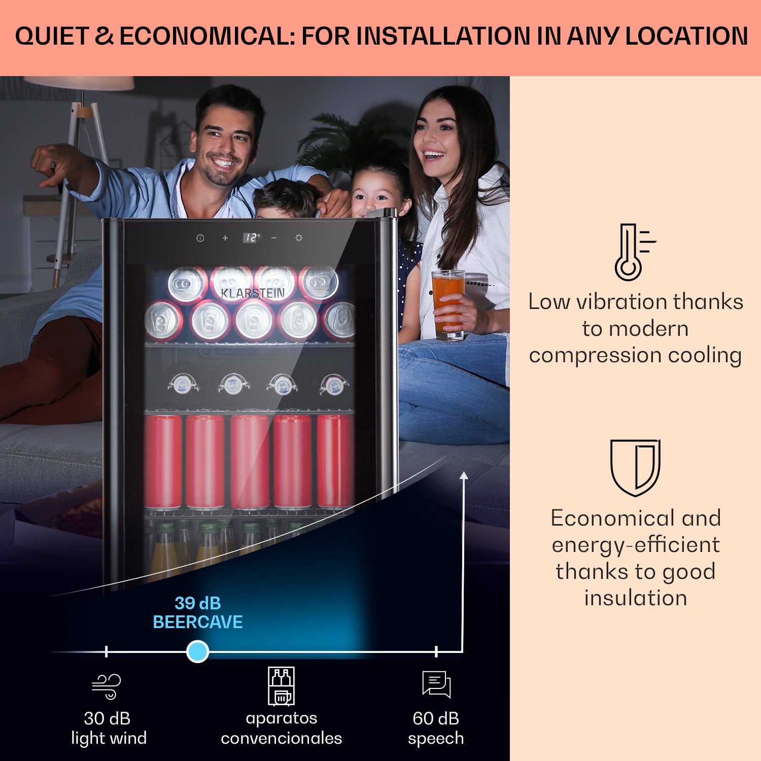 Klarstein Beercave 70, chladnička, 70 l, 3 police, trojito izolované sklenené dvere, dotyková – Obrázok 3