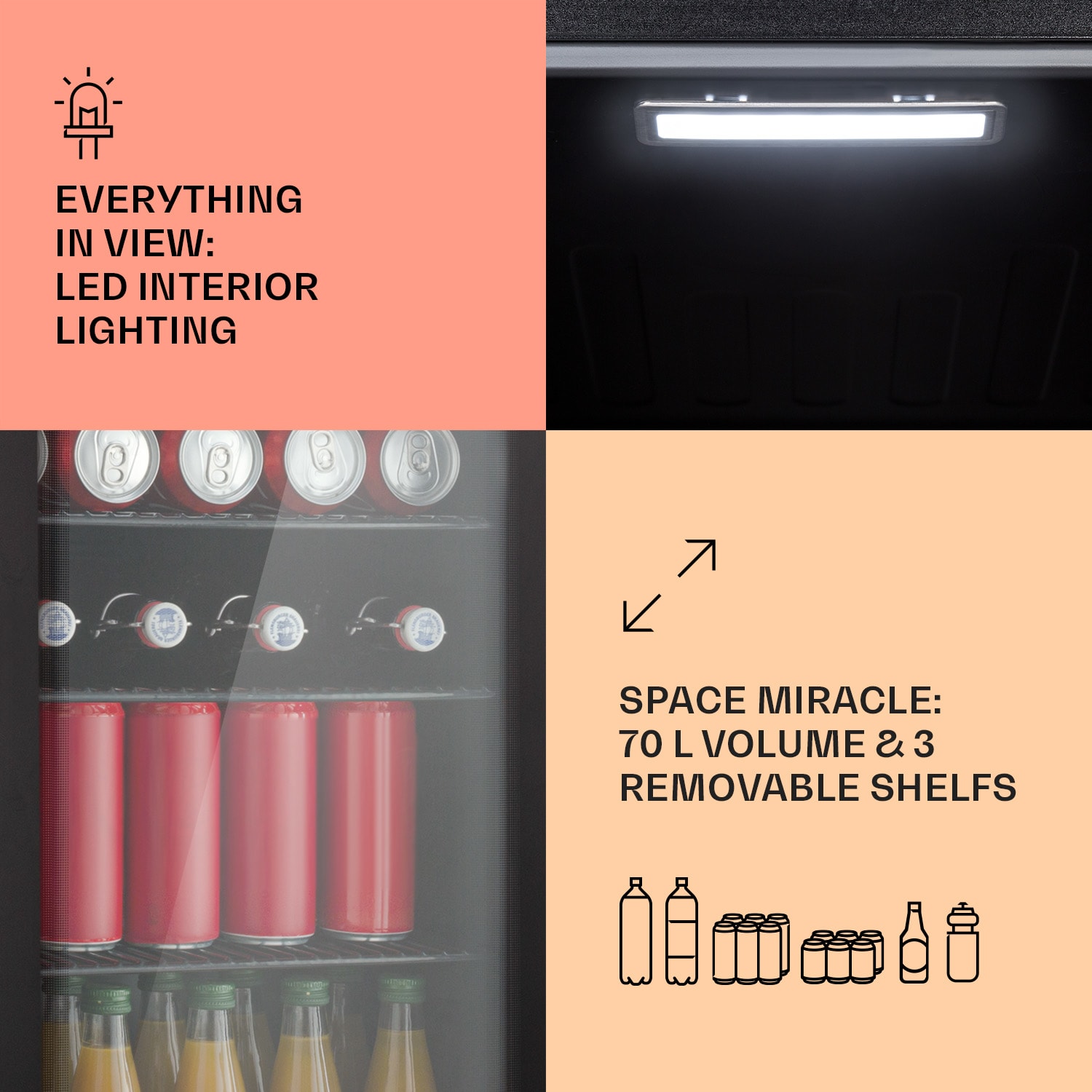 Klarstein Beercave 70, chladnička, 70 l, 3 police, trojito izolované sklenené dvere, dotyková – Obrázok 4