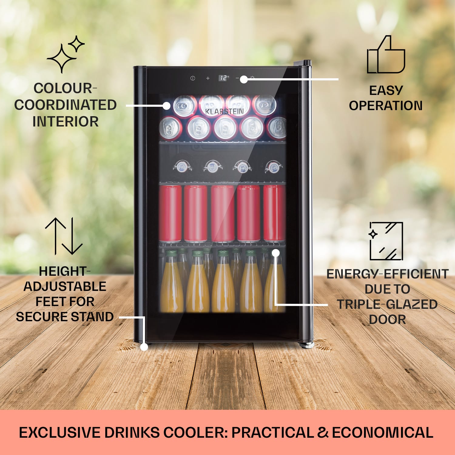 Klarstein Beercave 70, chladnička, 70 l, 3 police, trojito izolované sklenené dvere, dotyková – Obrázok 5