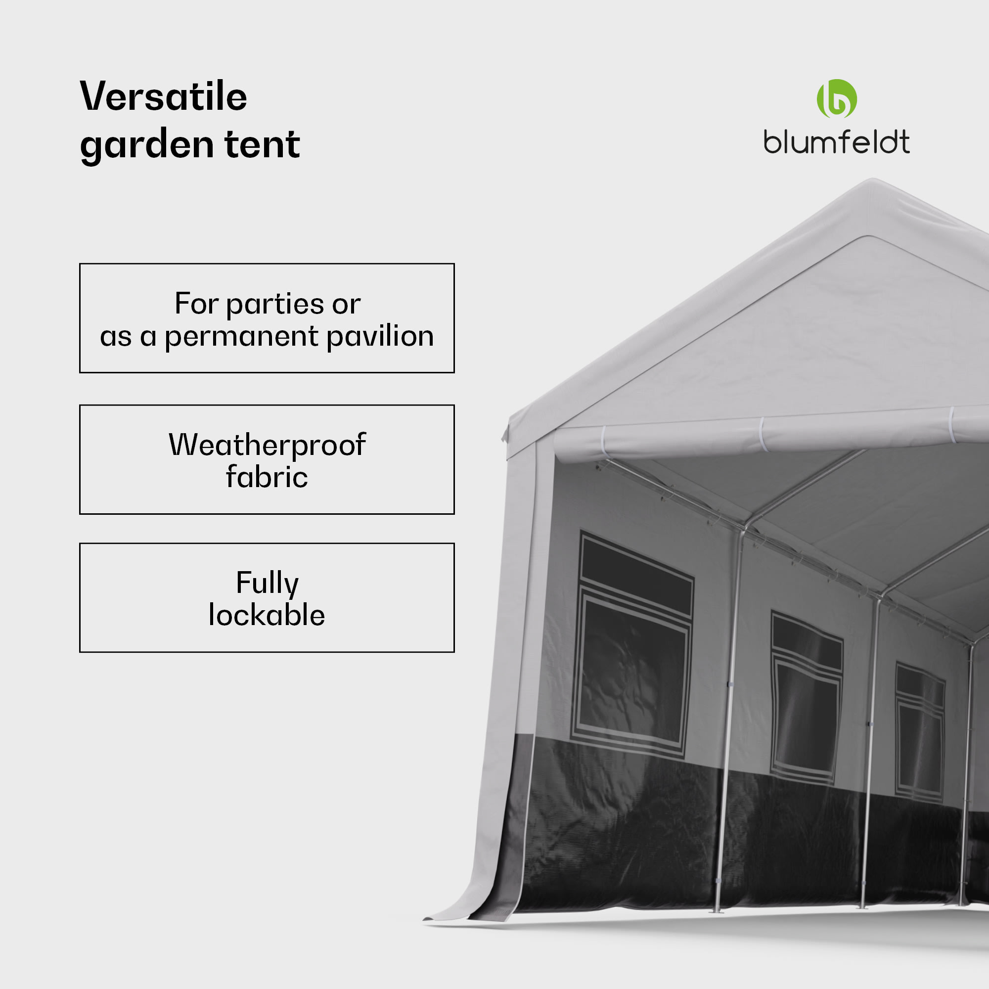 Blumfeldt Party Haven, stan, 598 x 296 x 280 cm, odolný voči poveternostným vplyvom, oceľový rám, jednoduchá montáž, s bočnými stenami – Obrázok 2