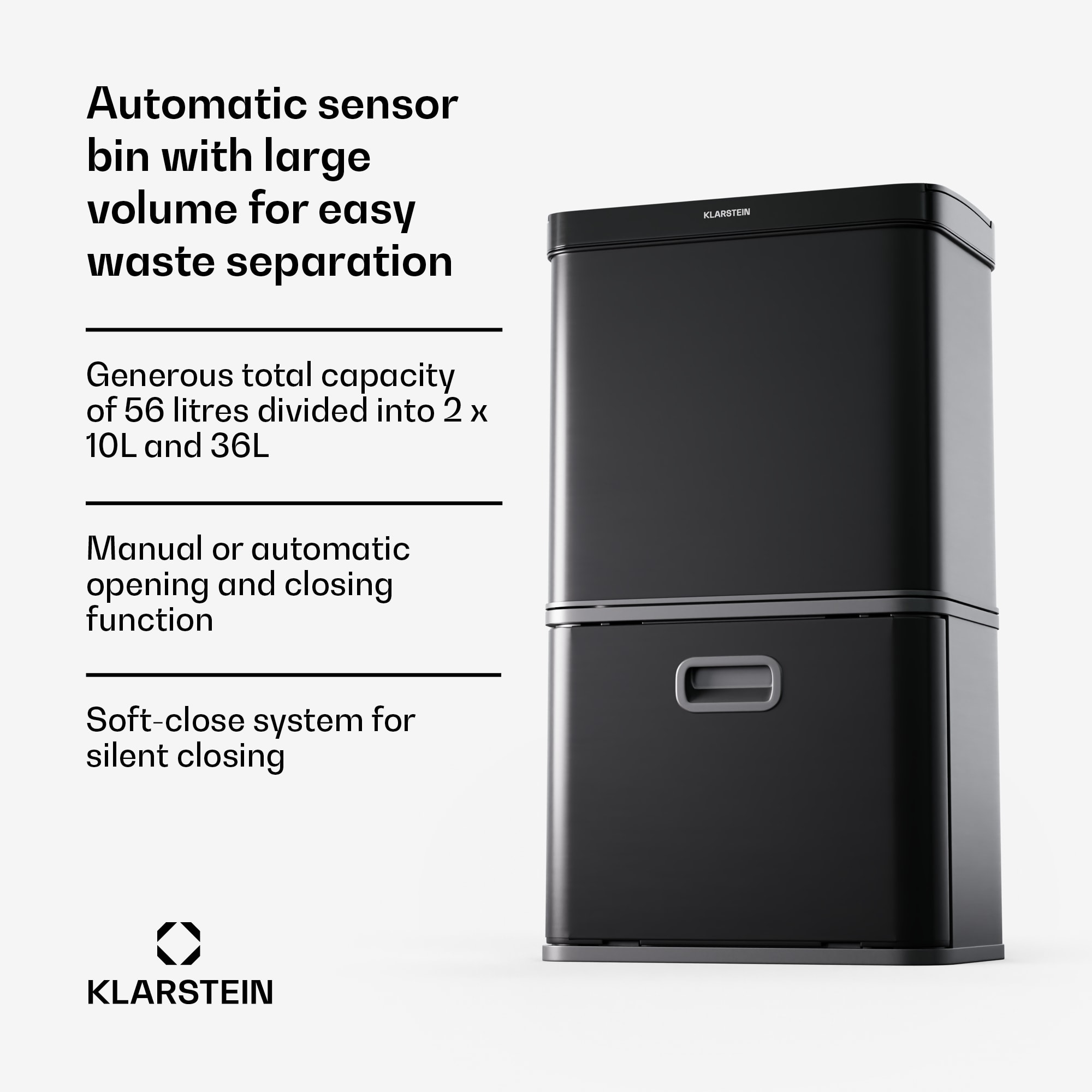 Klarstein Touchless, senzorový odpadkový kôš, 56 l, z nehrdzavejúcej ocele, 3 koše, Soft-Close zatváranie, napájaný batériou, LED displej, časovač – Obrázok 2