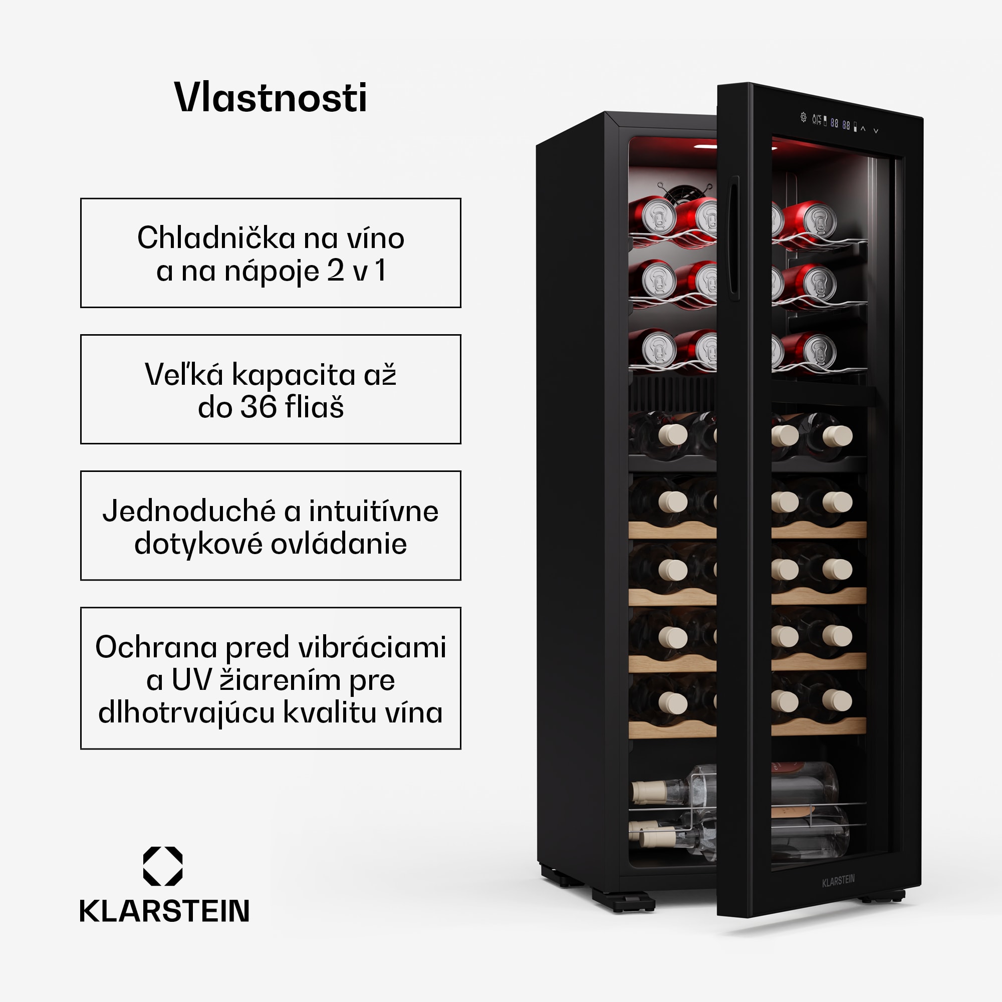 Klarstein Bovella 36 Duo+ chladnička na víno, 2 v 1, 36 fliaš, 2 zóny, 7 políc, Dotykové ovládanie – Obrázok 2