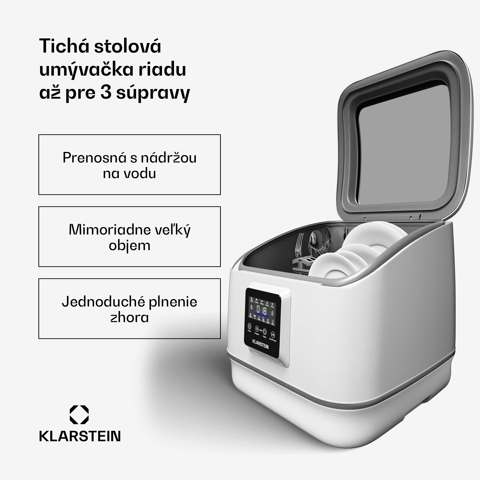 Klarstein SilentScrub umývačka riadu, prenosná, dotykový displej, 7 programov, 3 súpravy riadu, košík na príbory – Obrázok 2