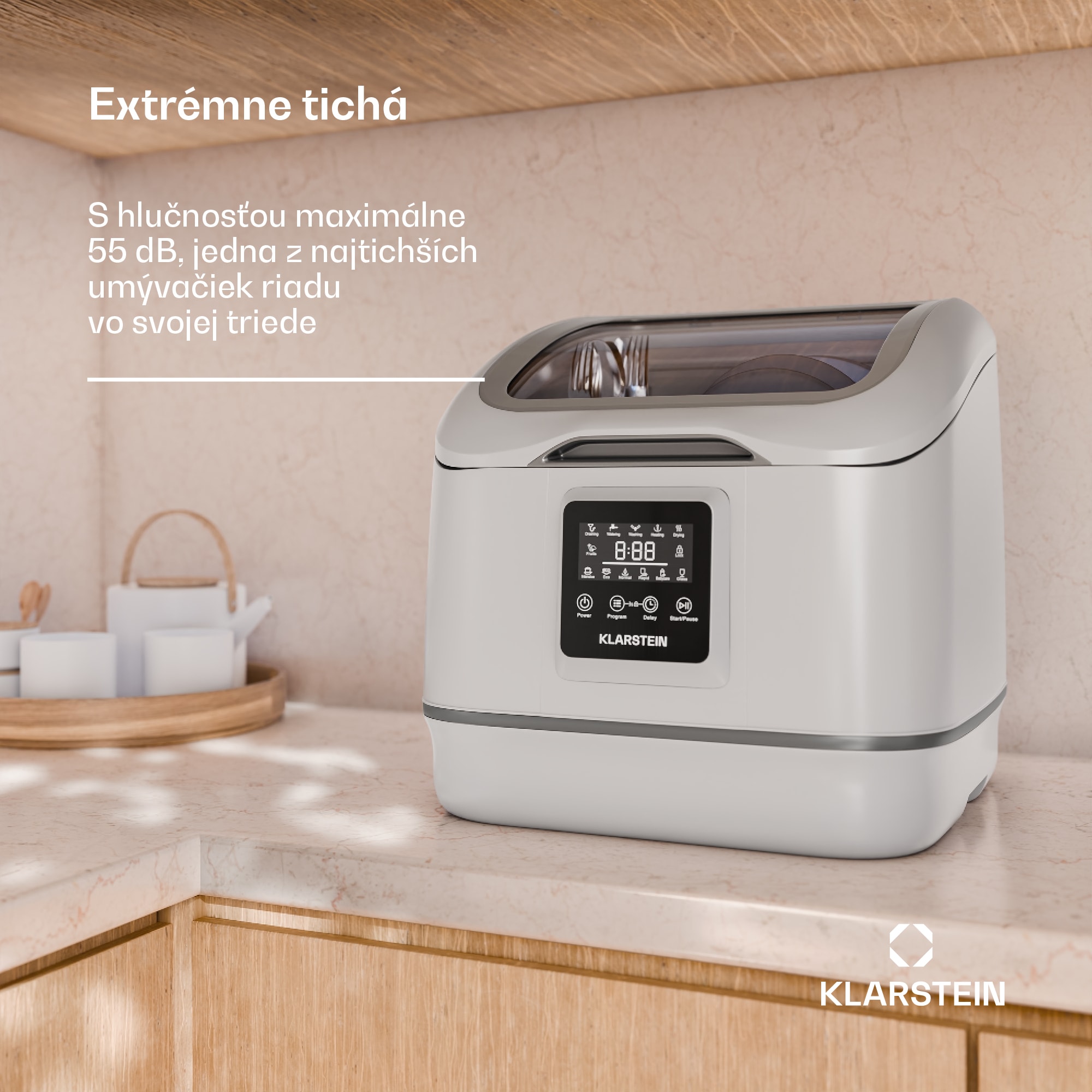 Klarstein SilentScrub umývačka riadu, prenosná, dotykový displej, 7 programov, 3 súpravy riadu, košík na príbory – Obrázok 4