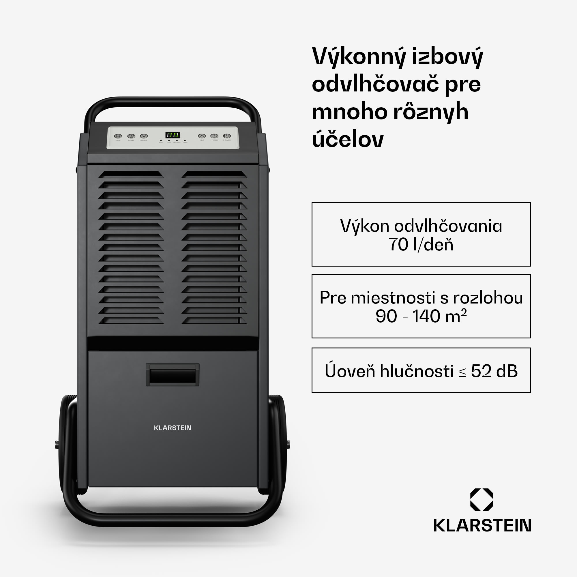 Klarstein DuraDry 70L odvlhčovač vzduchu, 70 l/deň, 90-140 m², nehrdzavejúca oceľ, mobilný, 450 m³/h – Obrázok 2