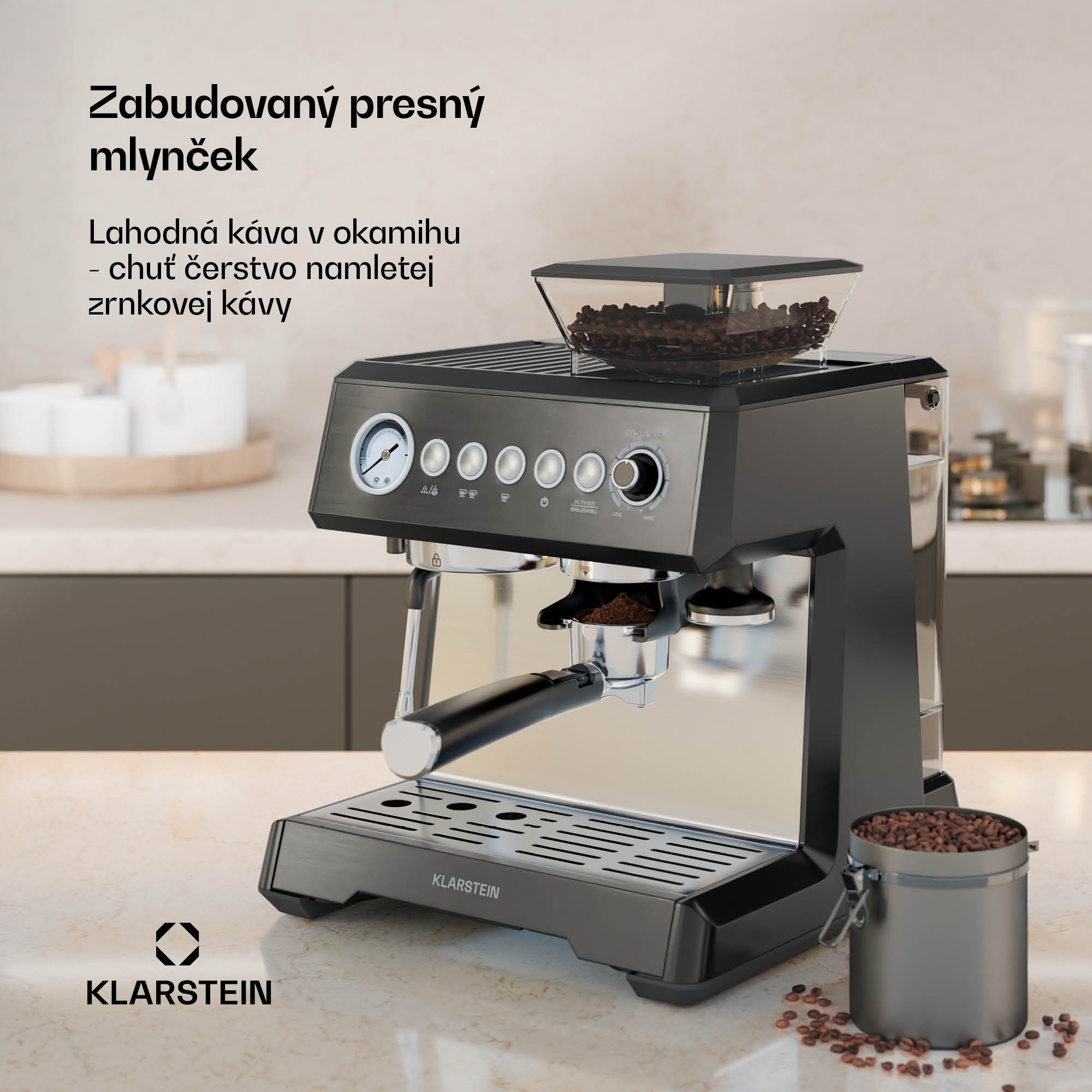 Klarstein GrandPresso pákový kávovar, precízny mlynček, parná tryska, portafilter, indikátor tlaku, 20 bar – Obrázok 2