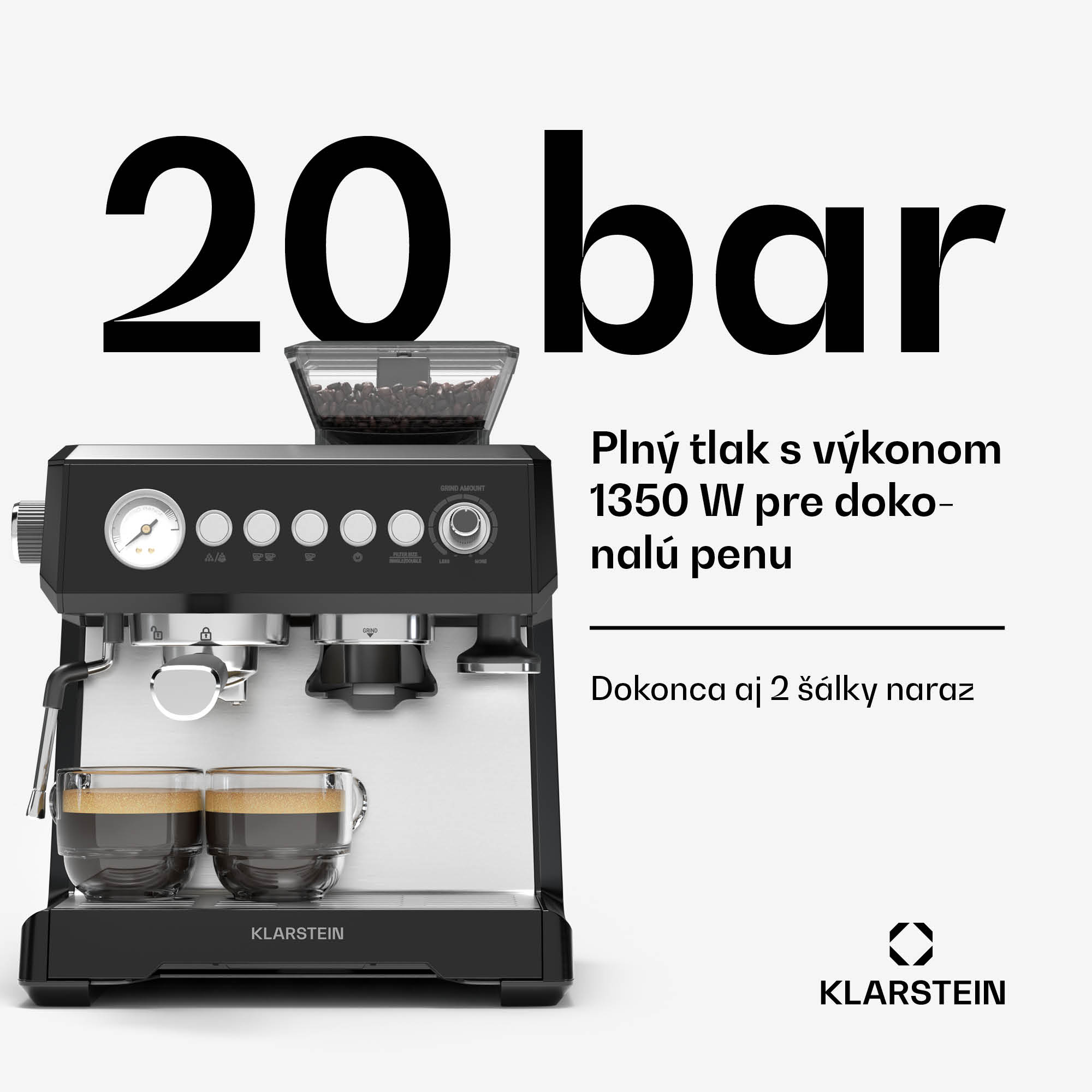 Klarstein GrandPresso pákový kávovar, precízny mlynček, parná tryska, portafilter, indikátor tlaku, 20 bar – Obrázok 3