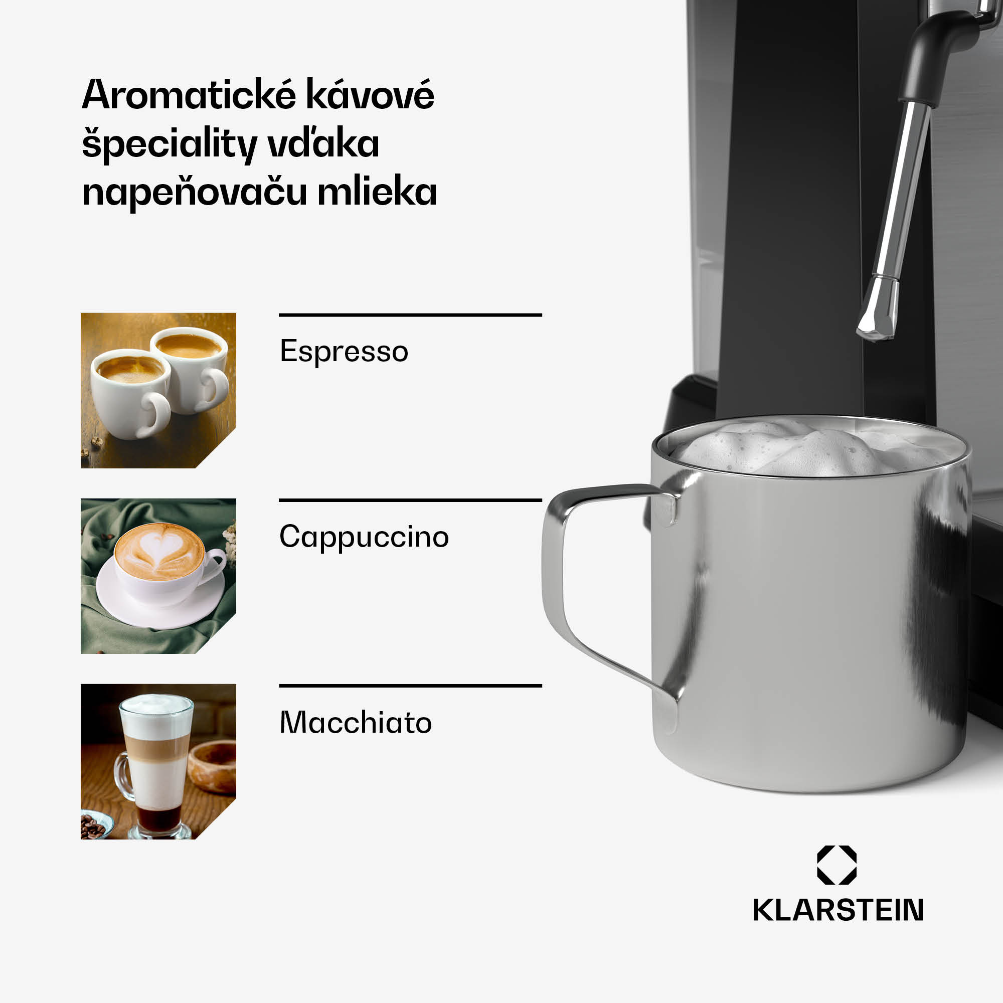 Klarstein GrandPresso pákový kávovar, precízny mlynček, parná tryska, portafilter, indikátor tlaku, 20 bar – Obrázok 4