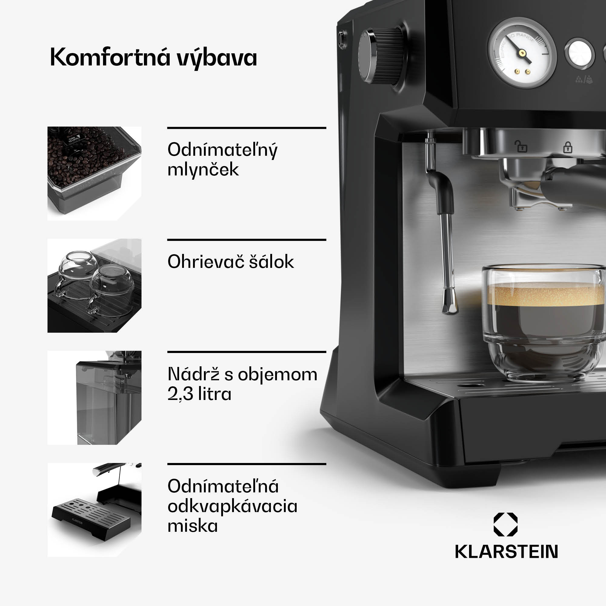Klarstein GrandPresso pákový kávovar, precízny mlynček, parná tryska, portafilter, indikátor tlaku, 20 bar – Obrázok 5