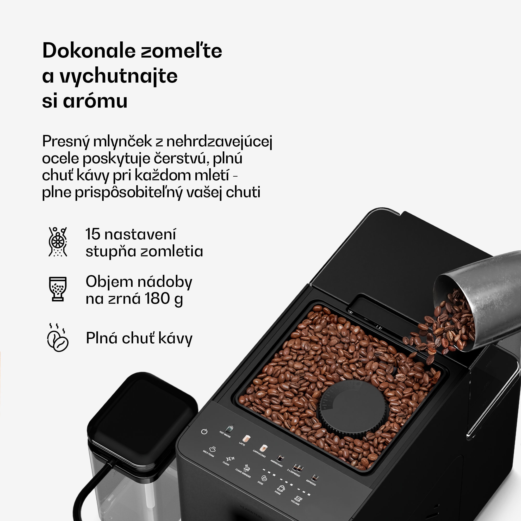 Klarstein Velaire automatický kávovar s nádobou na mlieko, 1350 W, 20 barov – Obrázok 5