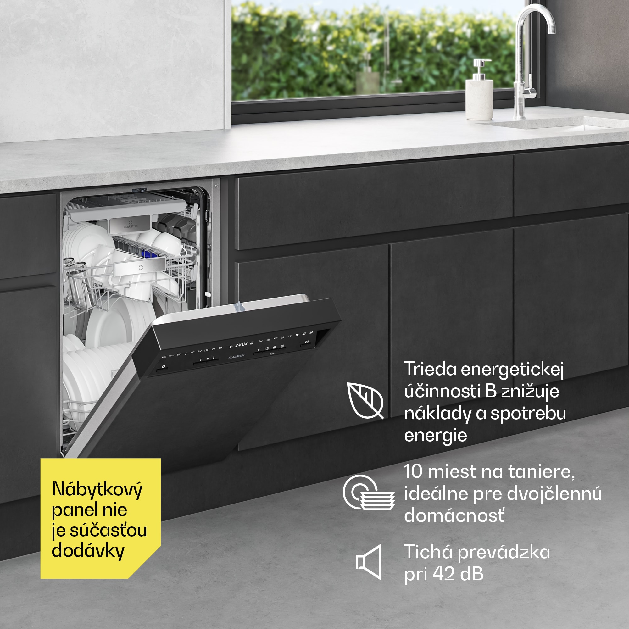 Klarstein Velaire semi-integrovaná umývačka riadu | Minimalistická, kompaktná | Trieda energetickej účinnosti B | 45 cm – Obrázok 3