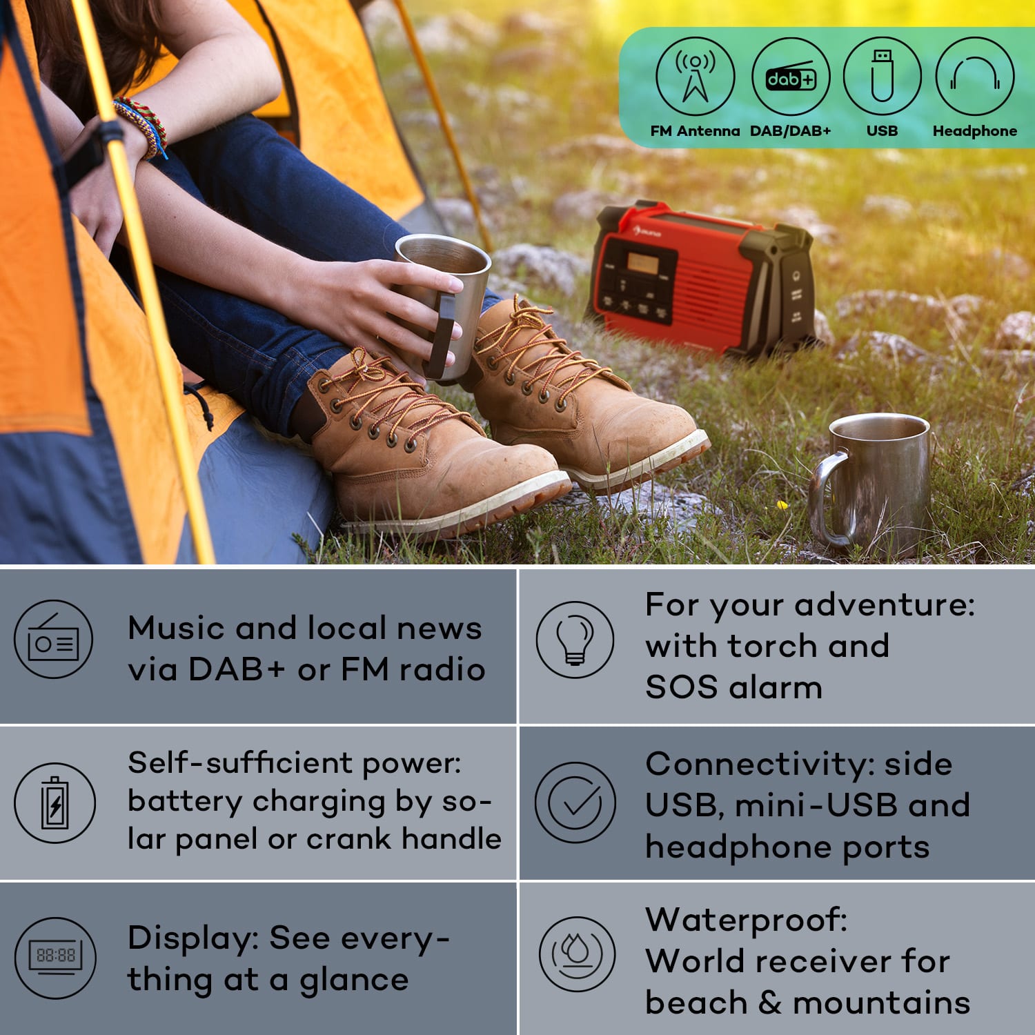 Auna Patagonia DAB+ Outdoorové rádio DAB / DAB+ / FM Nabíjanie kľukou USB SOS Alarm Vodotesné – Obrázok 2