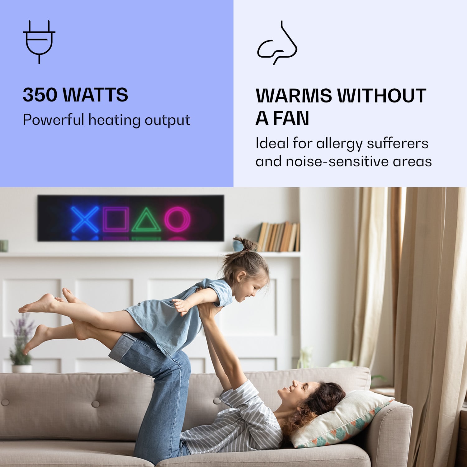 Klarstein Wonderwall Air Art Smart, infračervený ohrievač, 120 x 30 cm, 350 W, hra – Obrázok 5