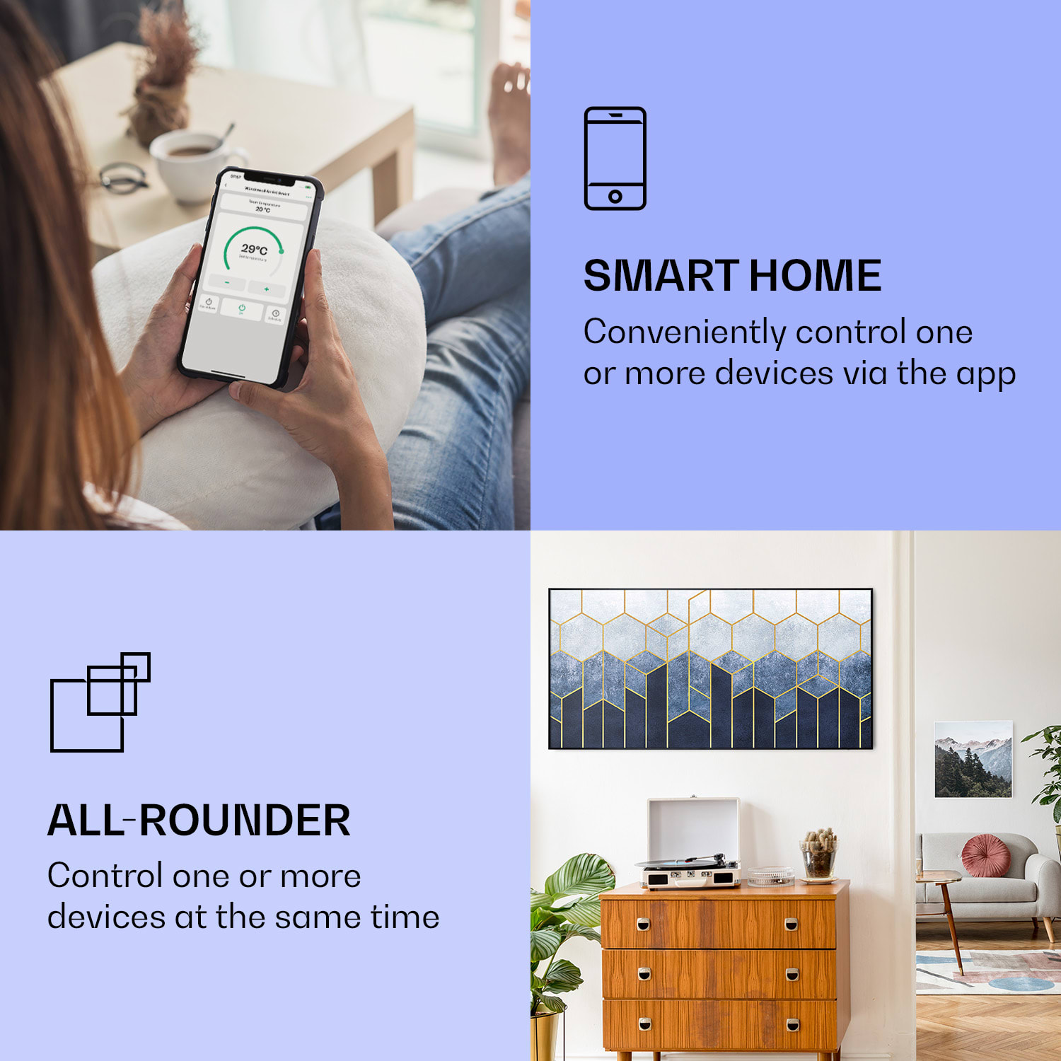 Klarstein Wonderwall Air Art Smart, infračervený ohrievač, 120 x 60 cm, 700 W, modrá čiara – Obrázok 2